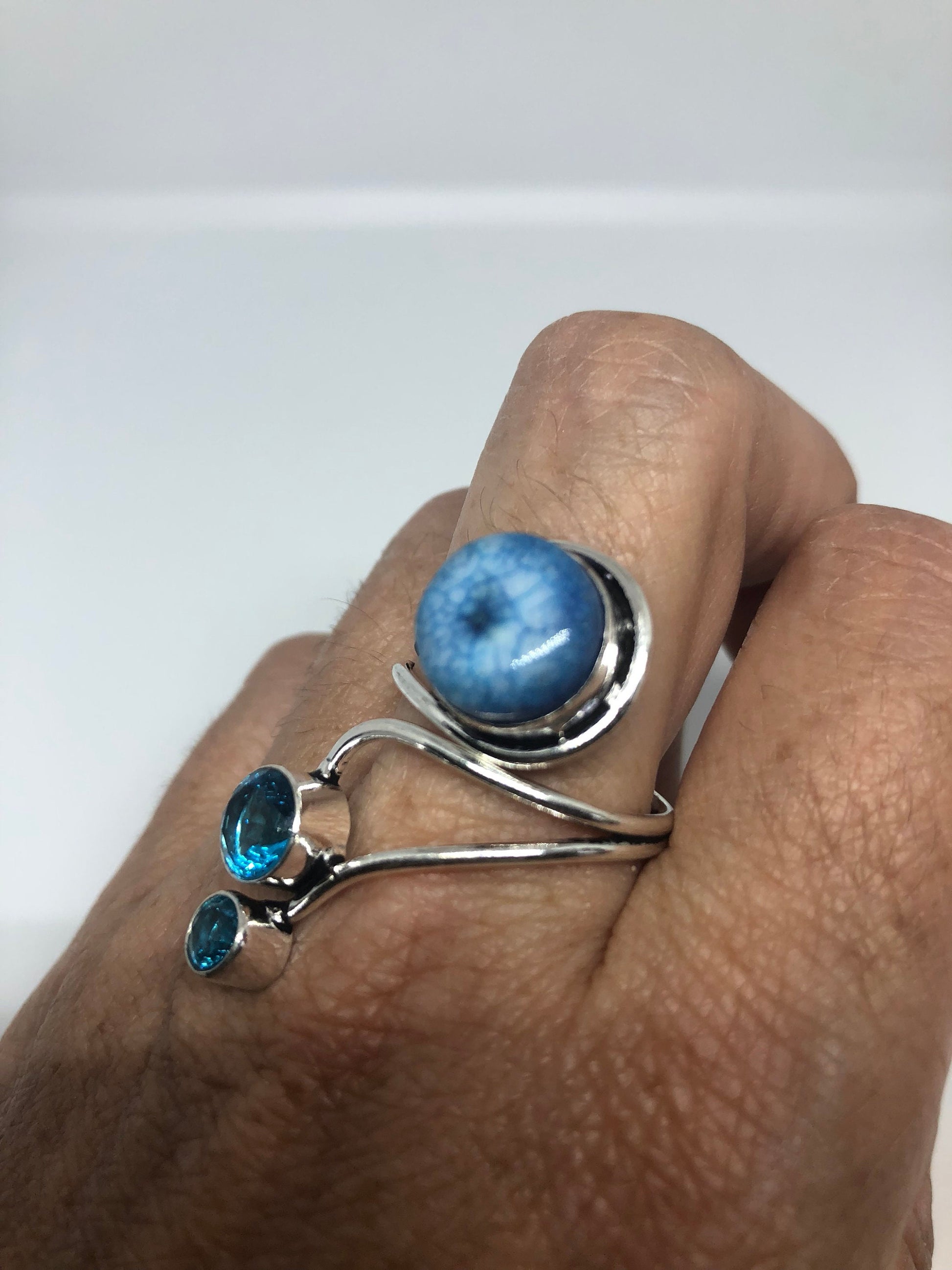 Vintage Blue Genuine Chalcedony and Blue Topaz 2 in Adjustable Ring