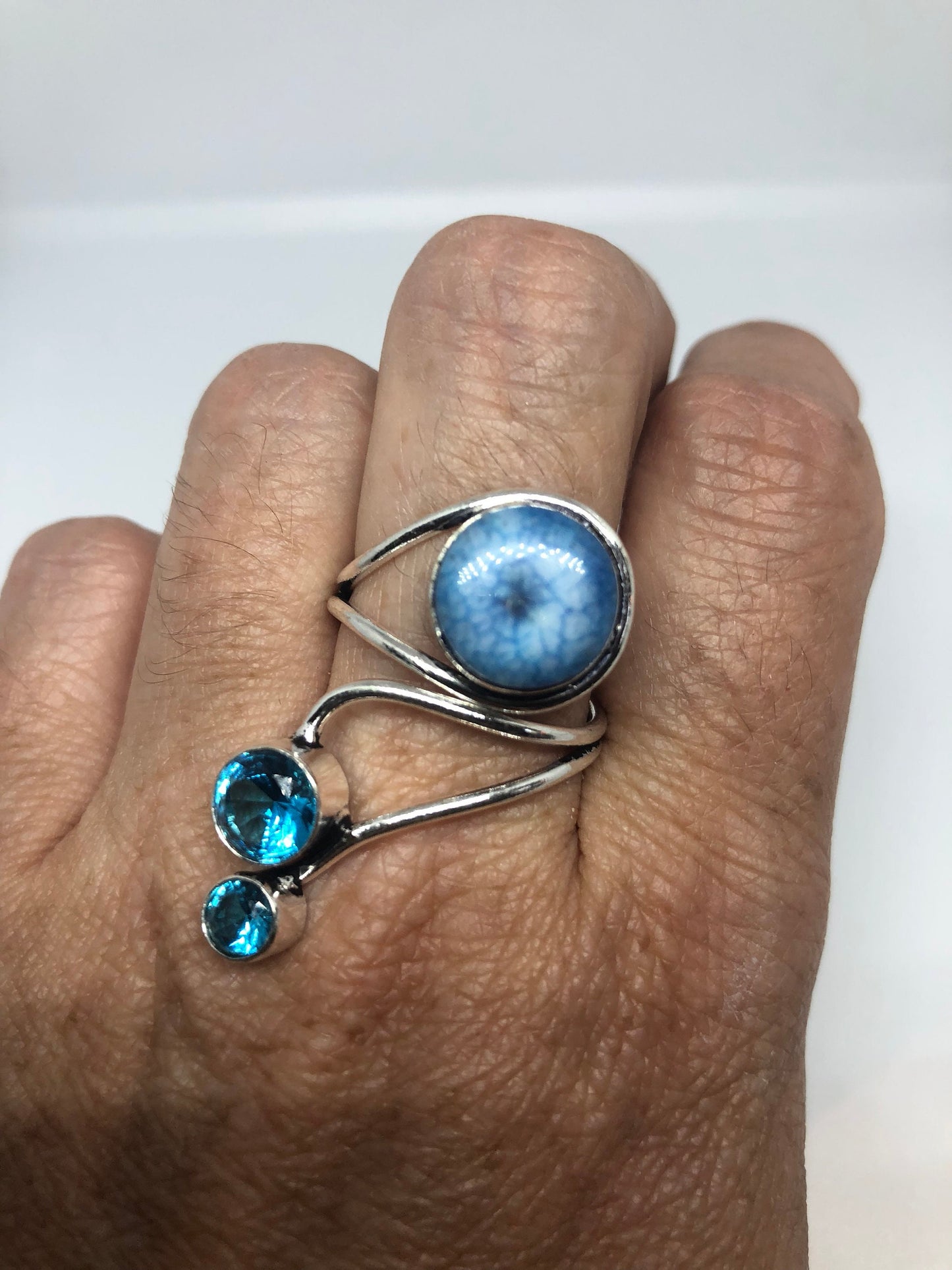 Vintage Blue Genuine Chalcedony and Blue Topaz 2 in Adjustable Ring