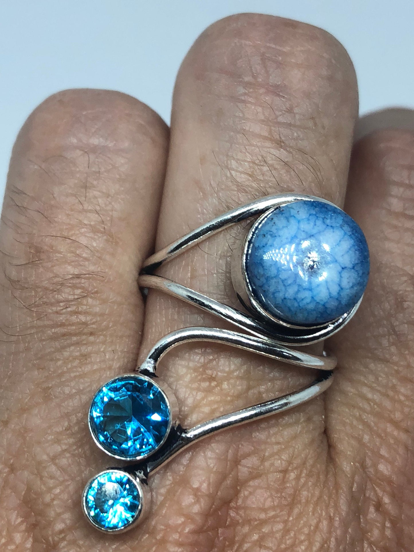 Vintage Blue Genuine Chalcedony and Blue Topaz 2 in Adjustable Ring