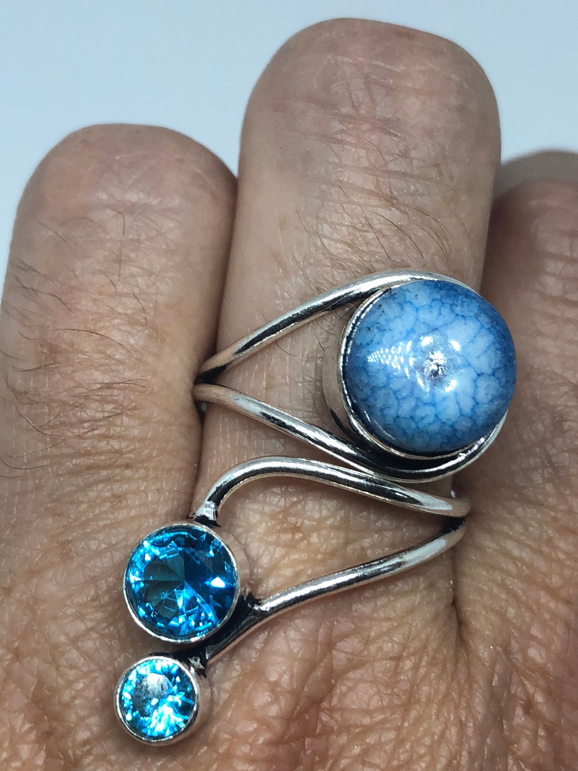 Vintage Blue Genuine Chalcedony and Blue Topaz 2 in Adjustable Ring