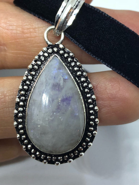 Vintage Rainbow Moonstone Choker White Bronze Pendant