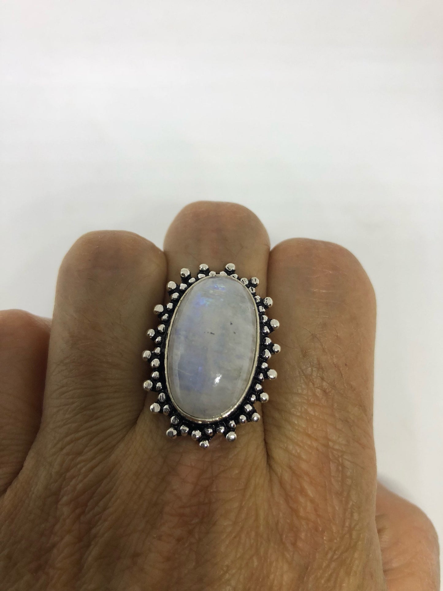 Vintage Genuine Blue White Rainbow Moonstone Ring