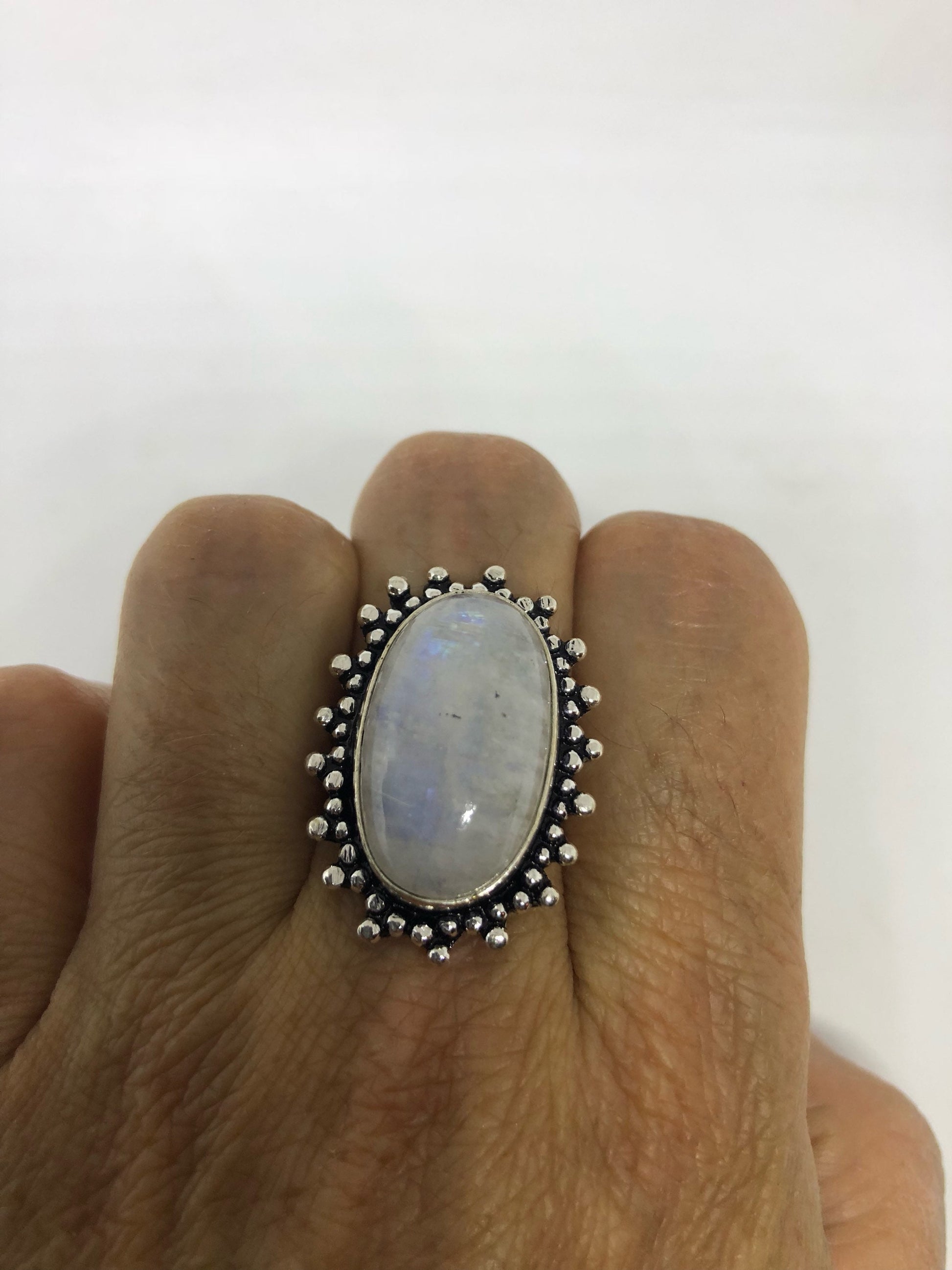 Vintage Genuine Blue White Rainbow Moonstone Ring