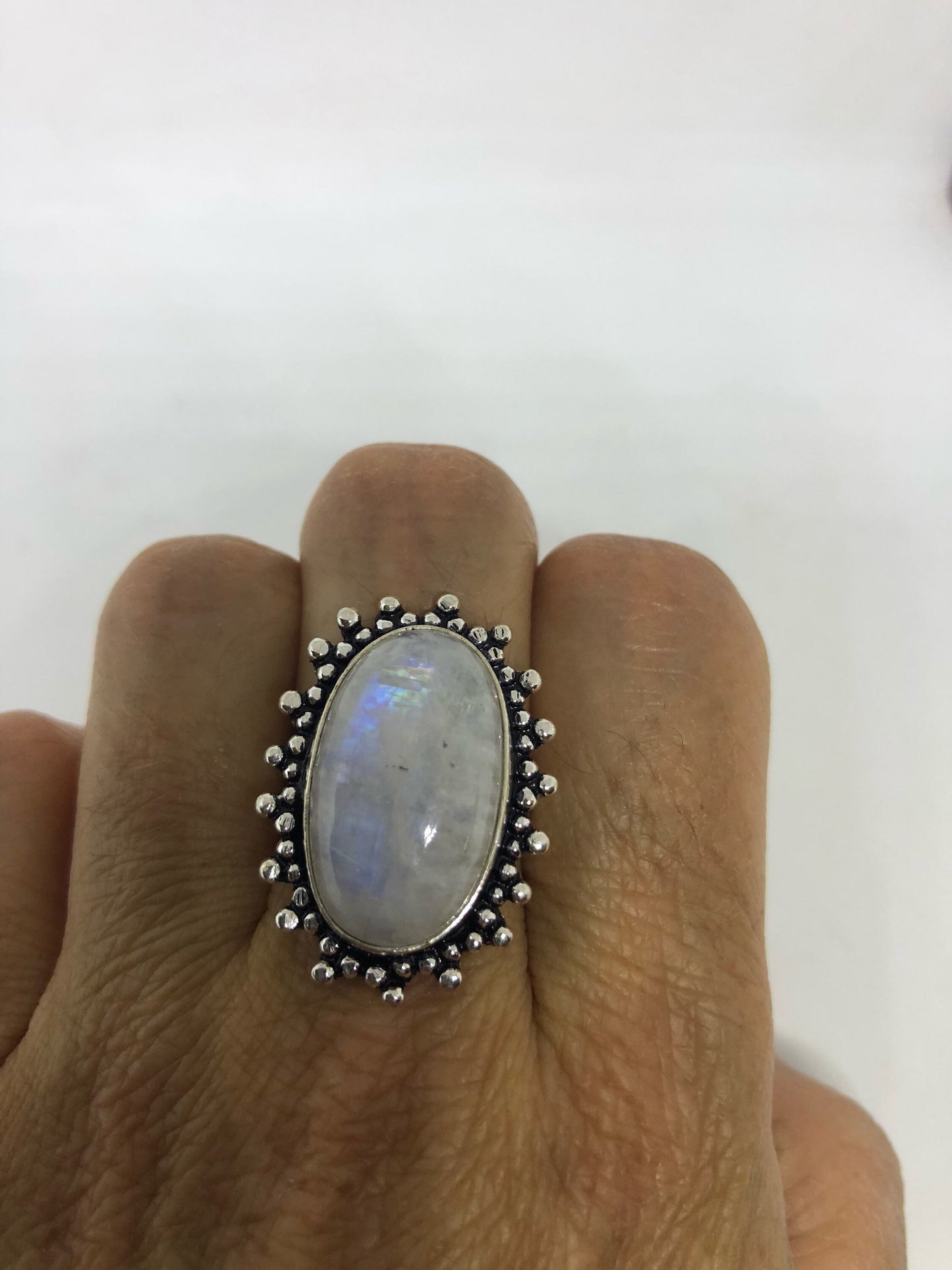 Vintage Genuine Blue White Rainbow Moonstone Ring