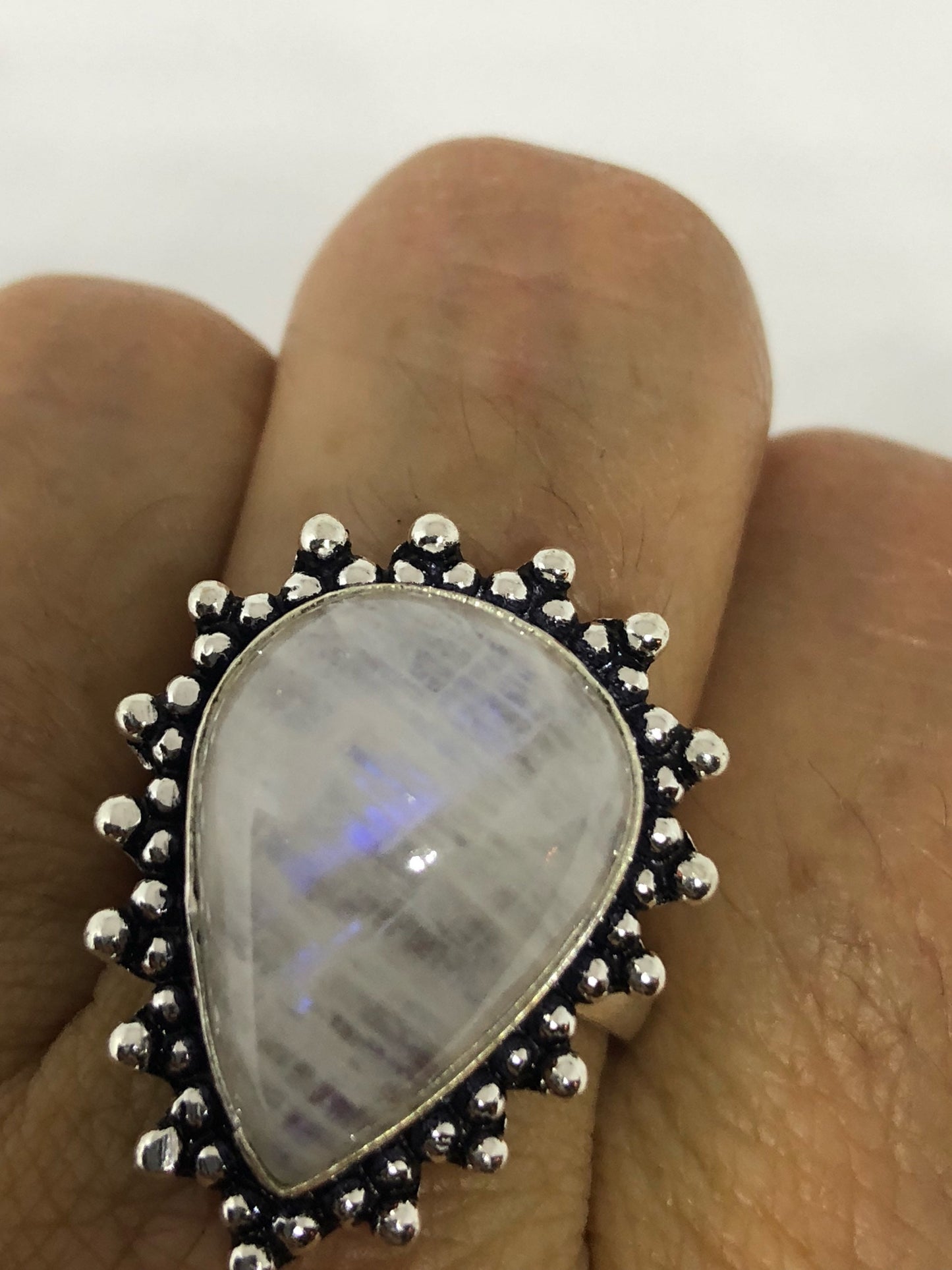 Vintage Genuine Blue White Rainbow Moonstone Ring