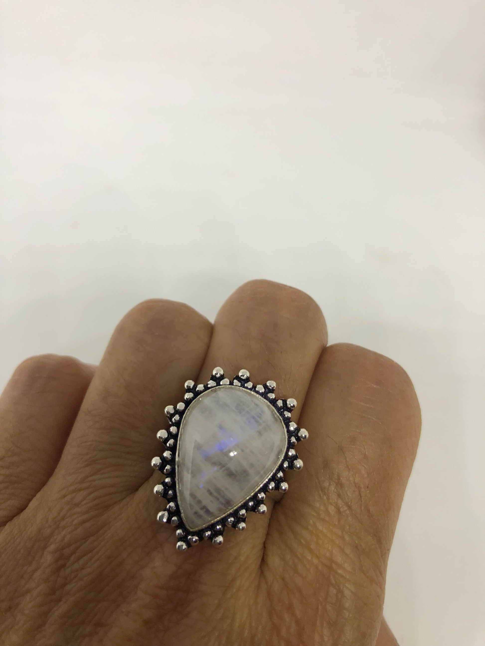 Vintage Genuine Blue White Rainbow Moonstone Ring