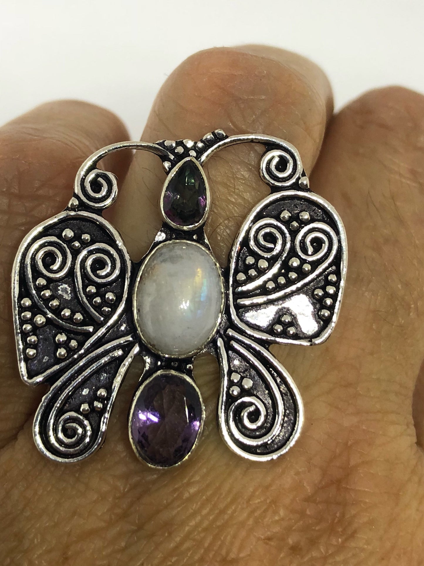 Vintage Genuine Blue White Rainbow Moonstone Ring