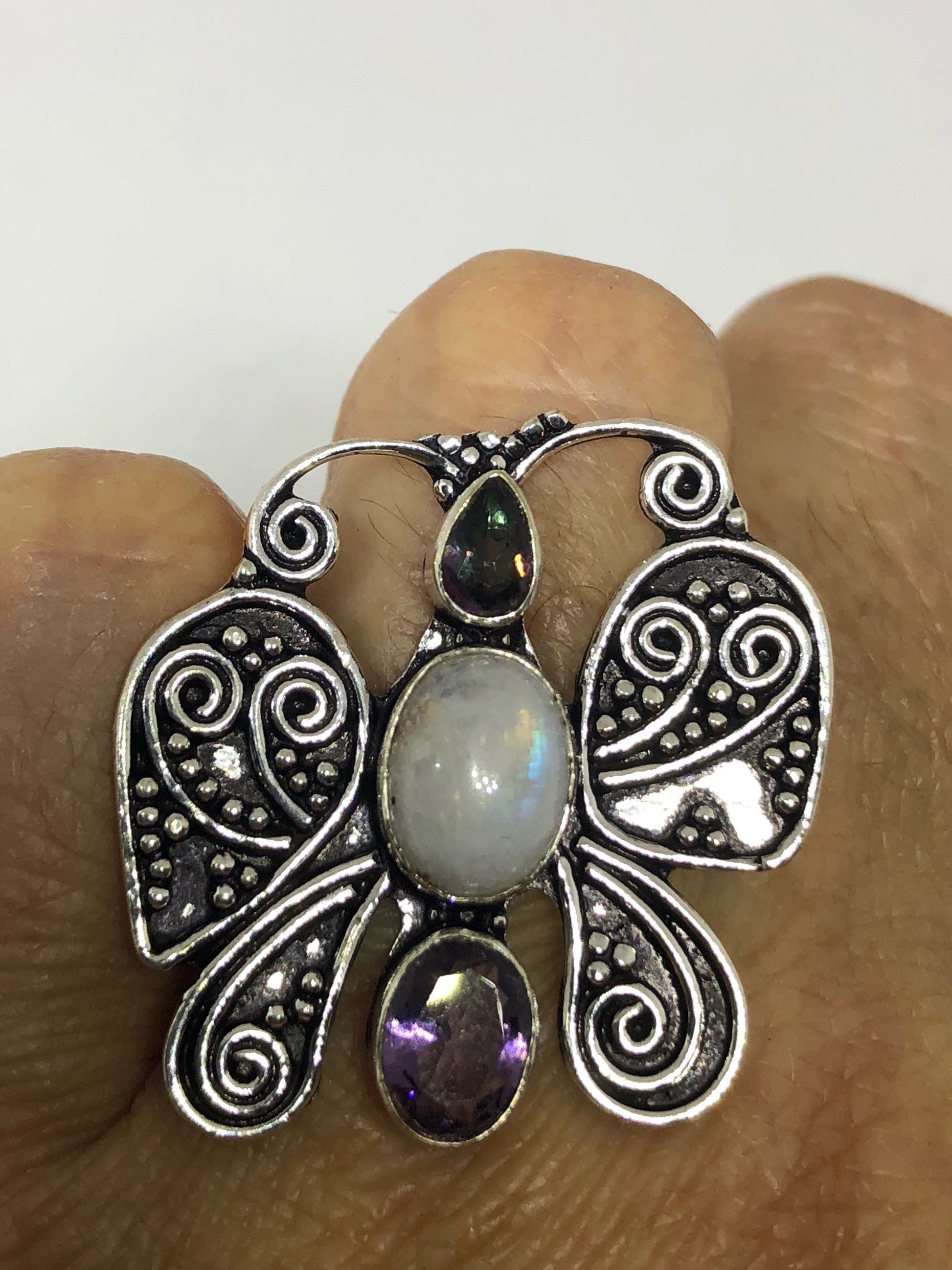 Vintage Genuine Blue White Rainbow Moonstone Ring