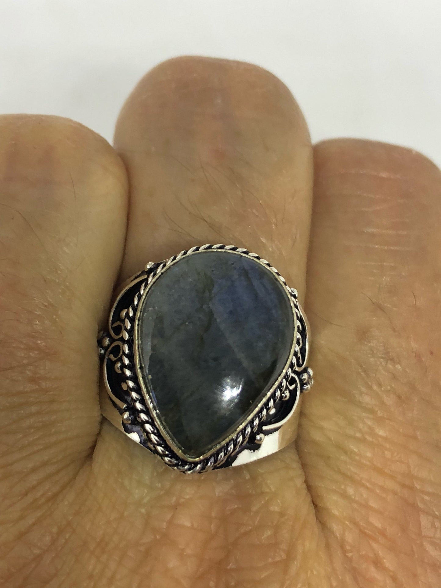 Vintage Large Blue Green Labradorite Stone Silver Ring