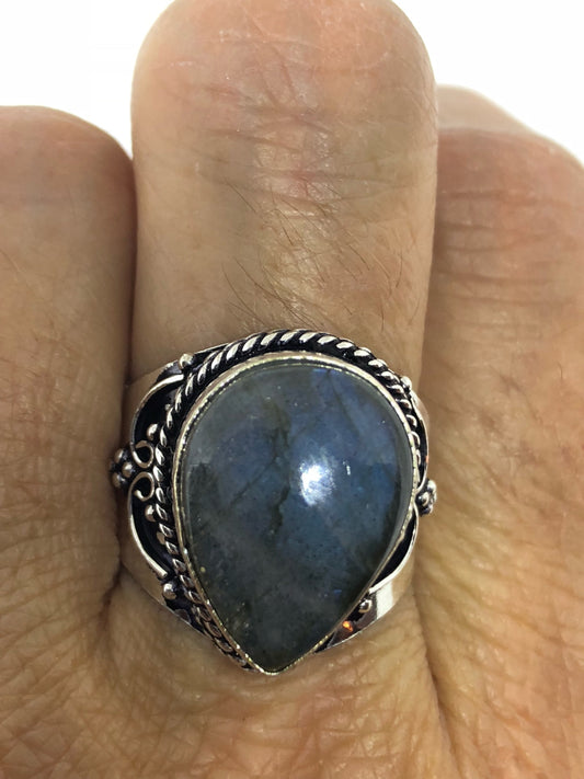 Vintage Large Blue Green Labradorite Stone Silver Ring