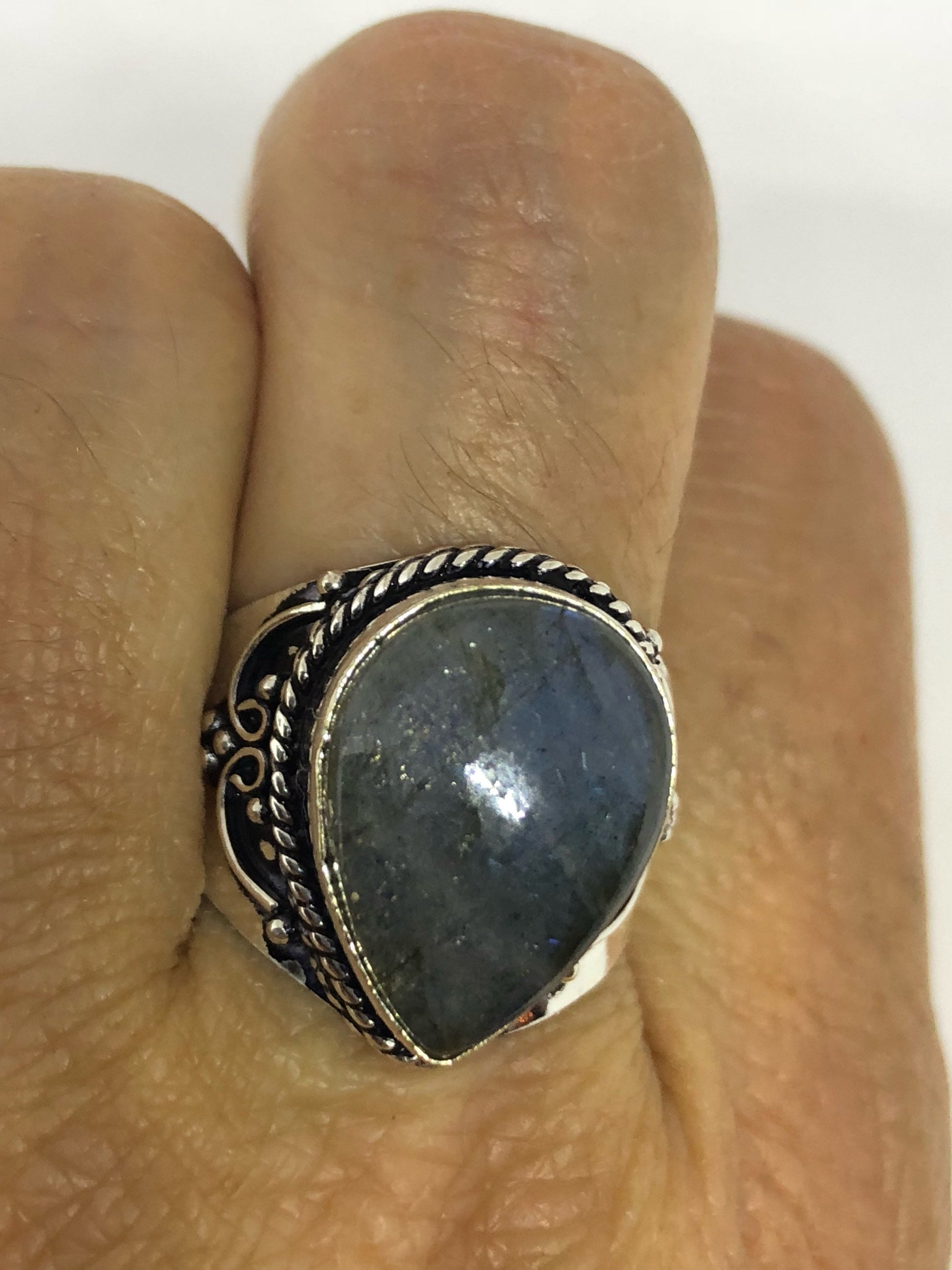 Vintage Large Blue Green Labradorite Stone Silver Ring