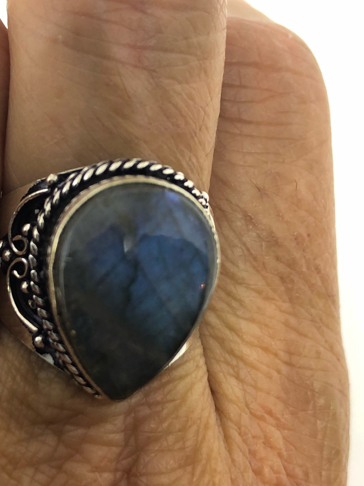 Vintage Large Blue Green Labradorite Stone Silver Ring