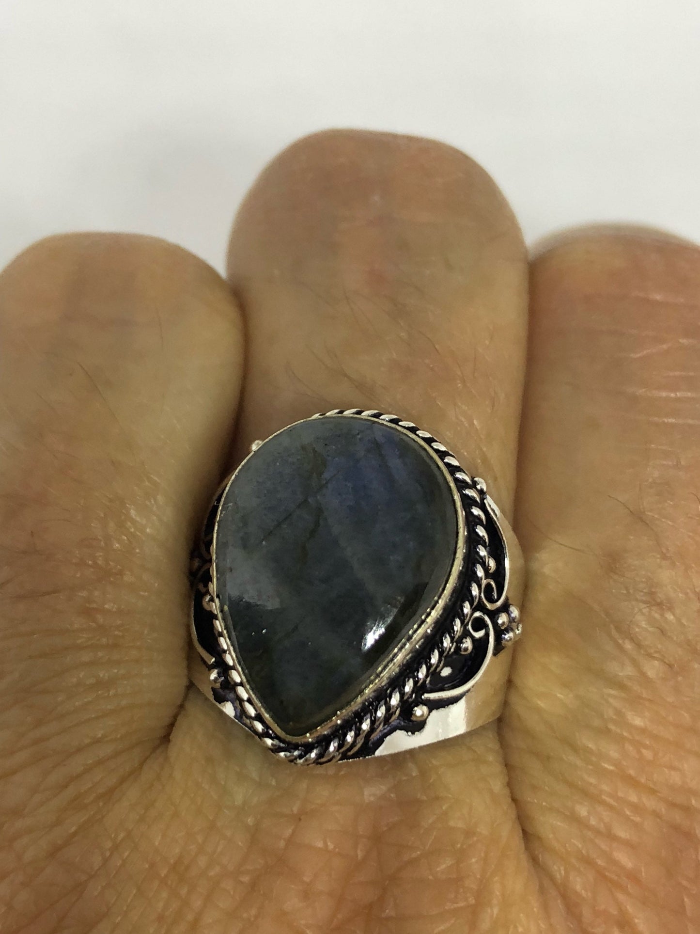 Vintage Large Blue Green Labradorite Stone Silver Ring