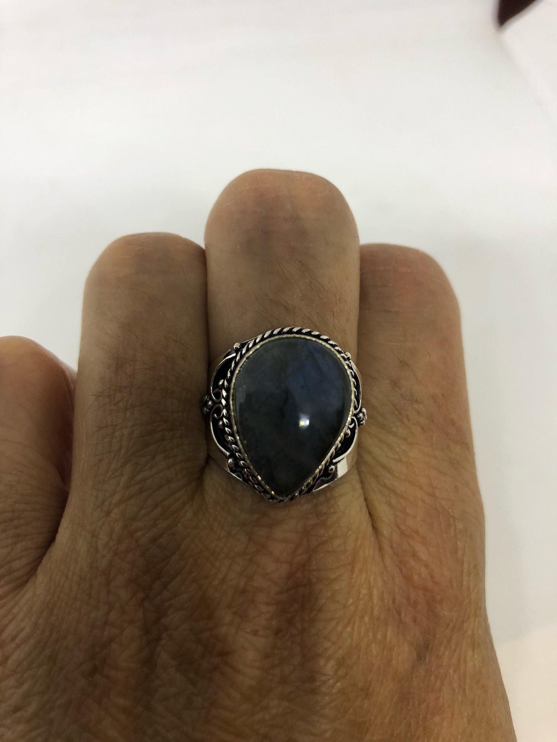 Vintage Large Blue Green Labradorite Stone Silver Ring