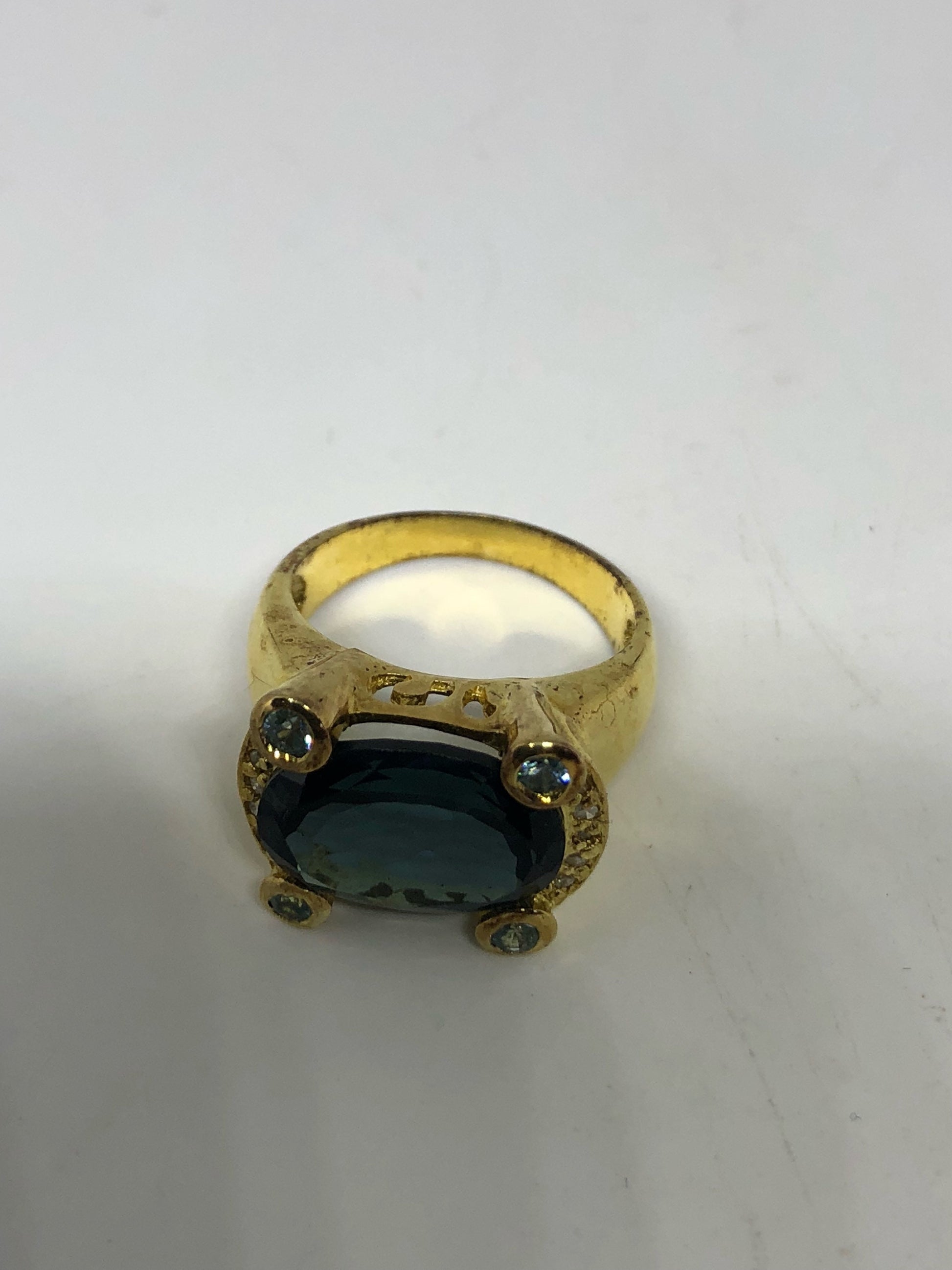 Vintage Genuine London Blue Topaz Golden 925 Sterling Silver Ring size 5