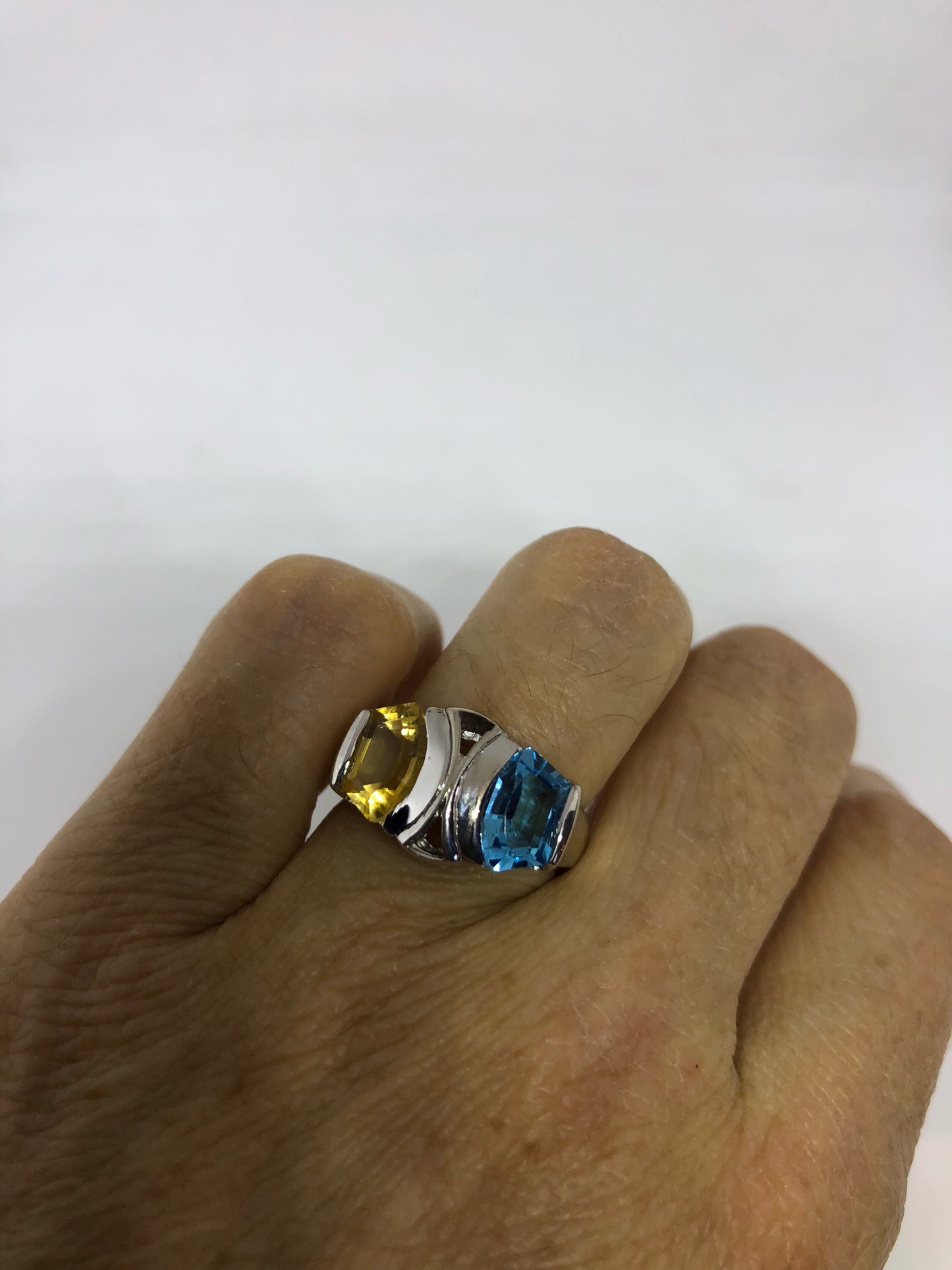 Vintage genuine blue topaz and citrine 925 sterling silver Ring