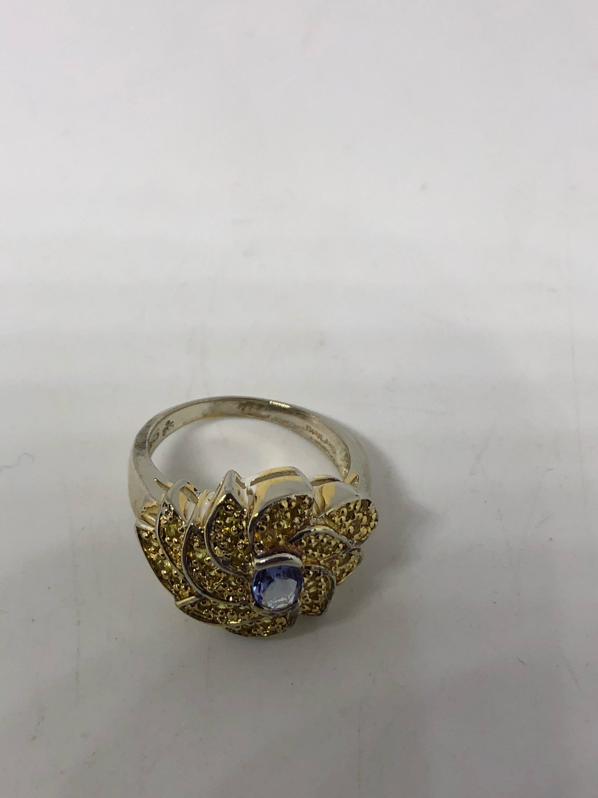 Vintage Handmade Deep Blue Iolite and Citrine Setting 925 Sterling Silver Gothic Ring