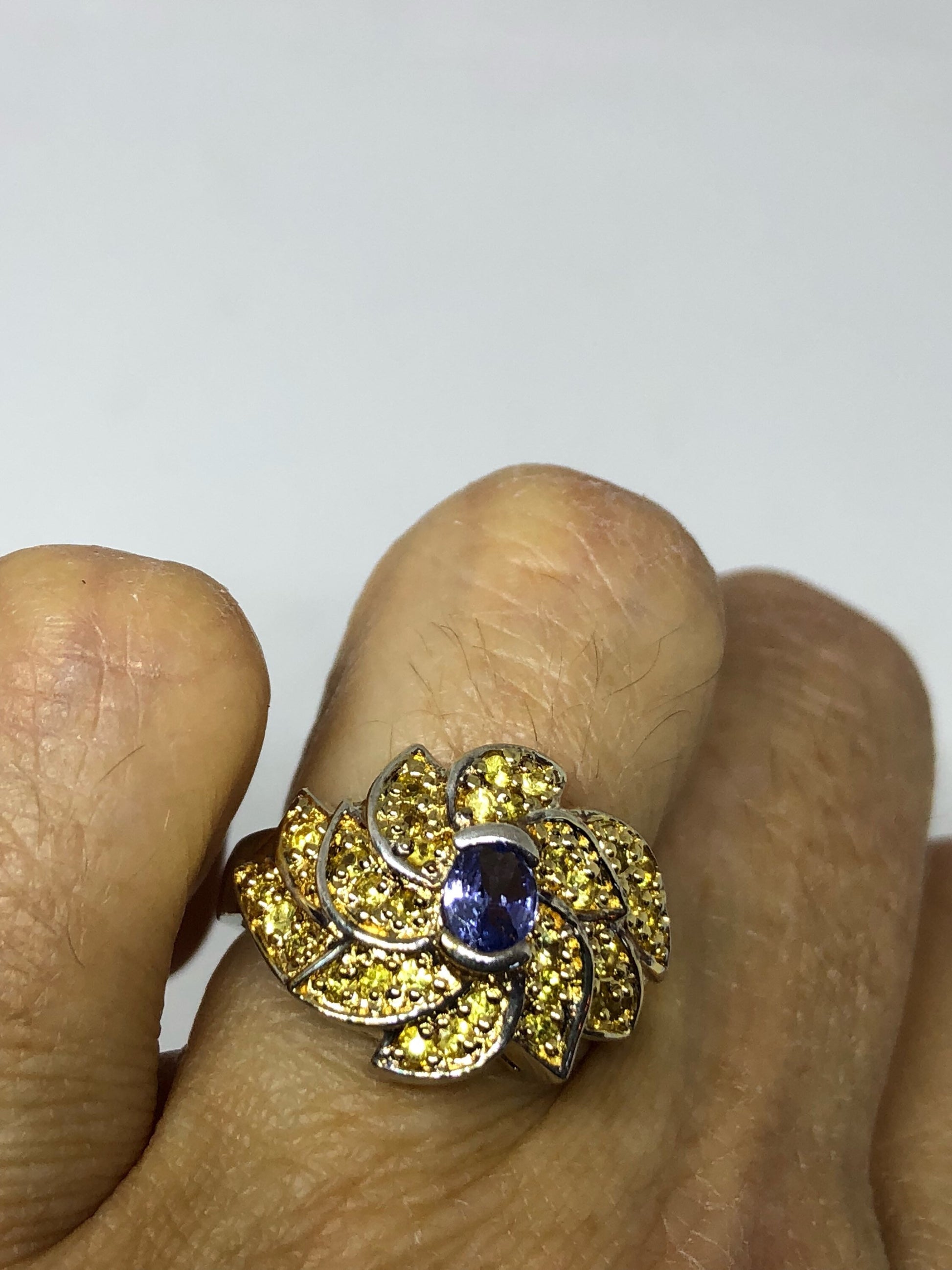 Vintage Handmade Deep Blue Iolite and Citrine Setting 925 Sterling Silver Gothic Ring