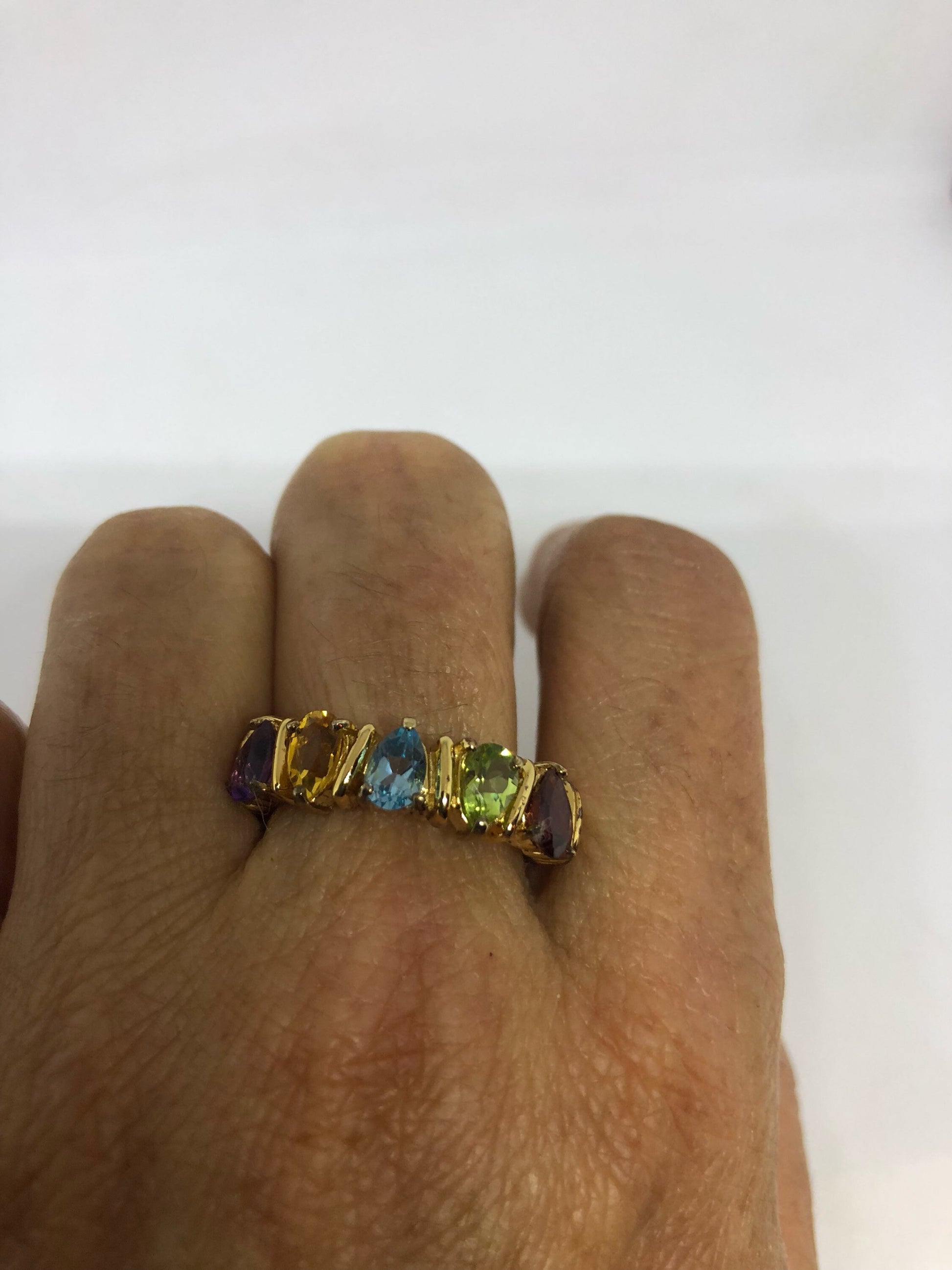 Vintage mixed genuine gemstones golden 925 Sterling Silver band Ring