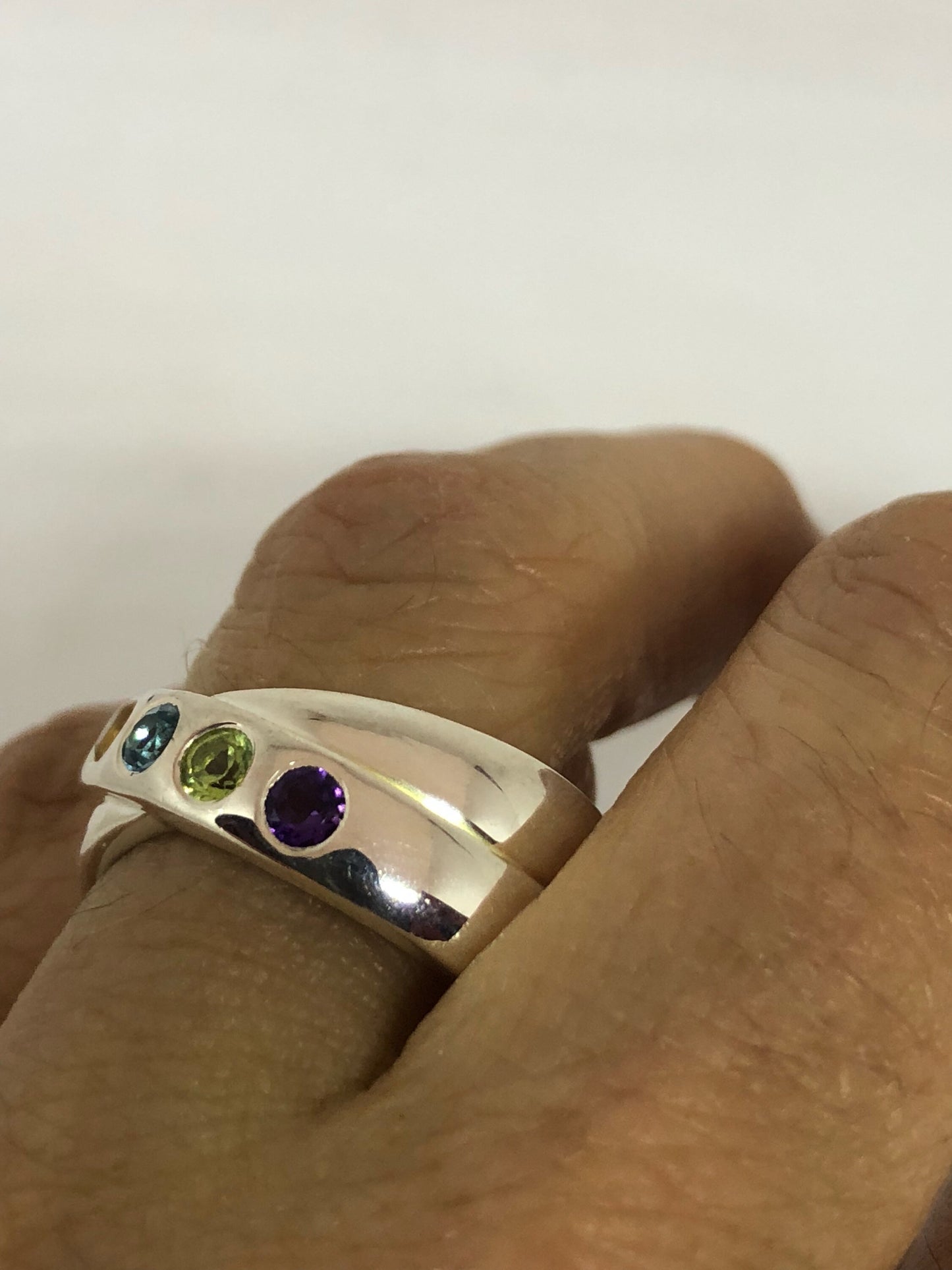 Vintage Mixed Genuine Gemstones 925 Sterling Silver Band Ring