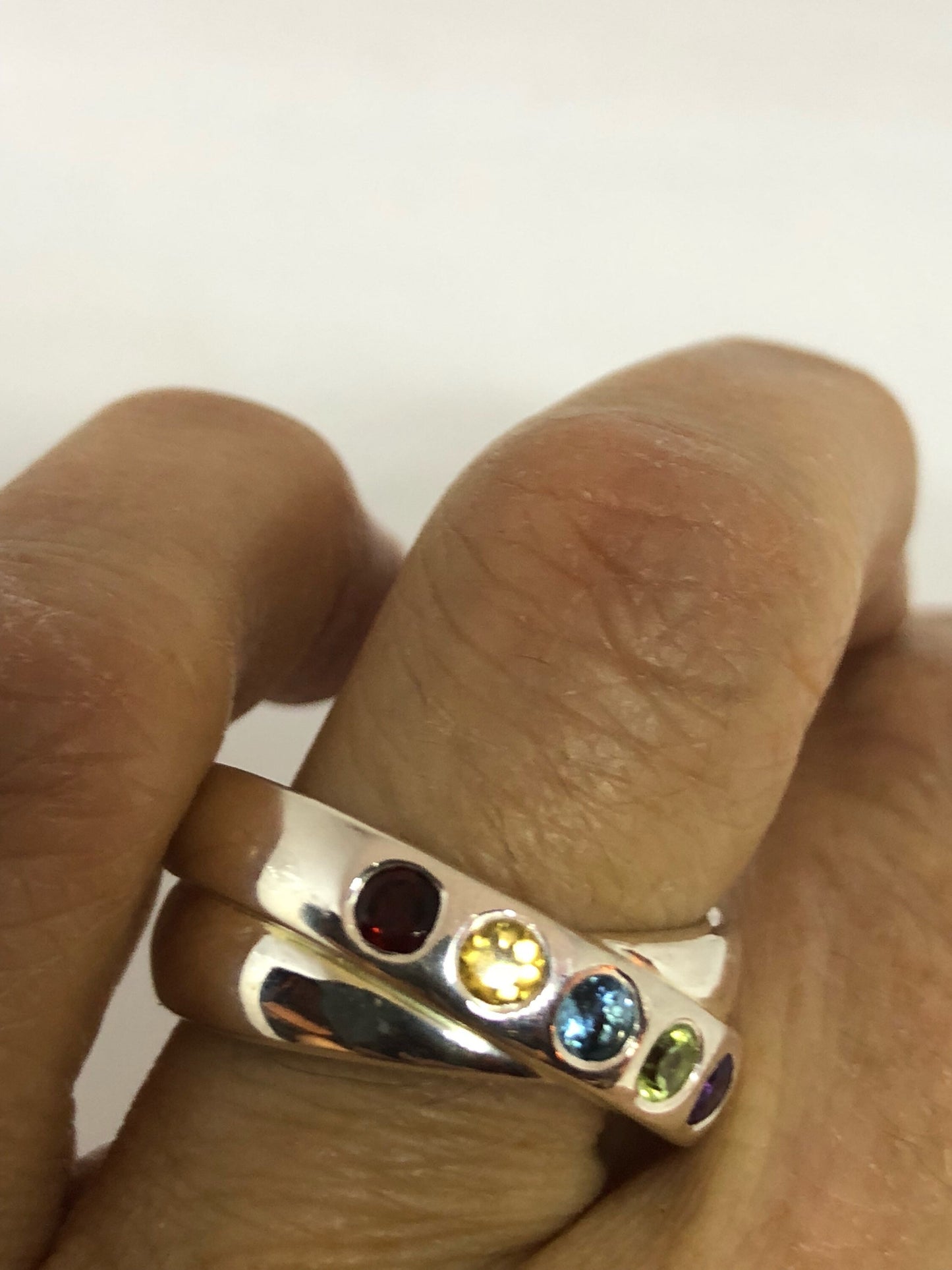 Vintage Mixed Genuine Gemstones 925 Sterling Silver Band Ring