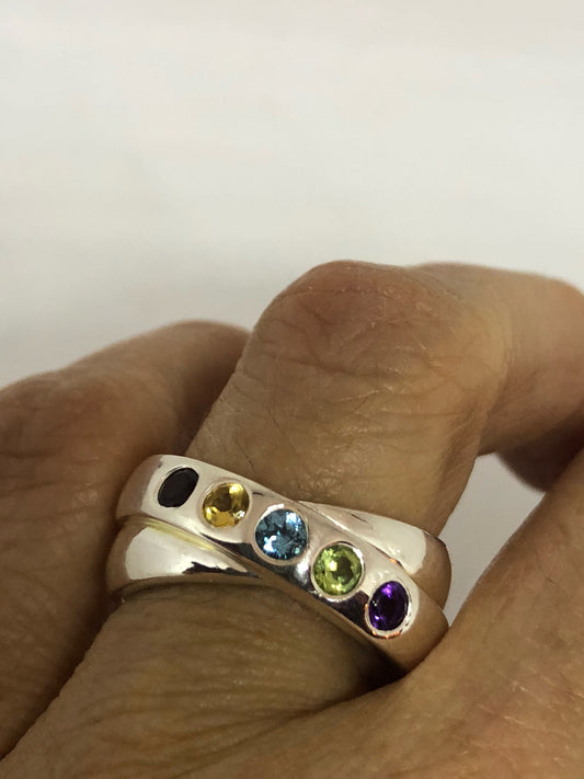 Vintage Mixed Genuine Gemstones 925 Sterling Silver Band Ring