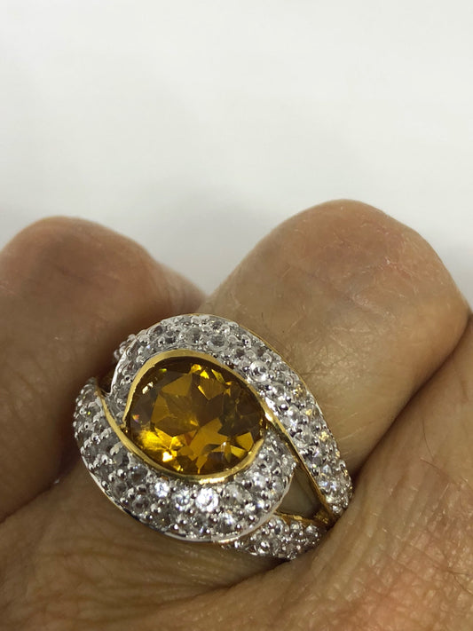 Vintage Handmade Golden Genuine Citrine 925 Sterling Silver Gothic Ring