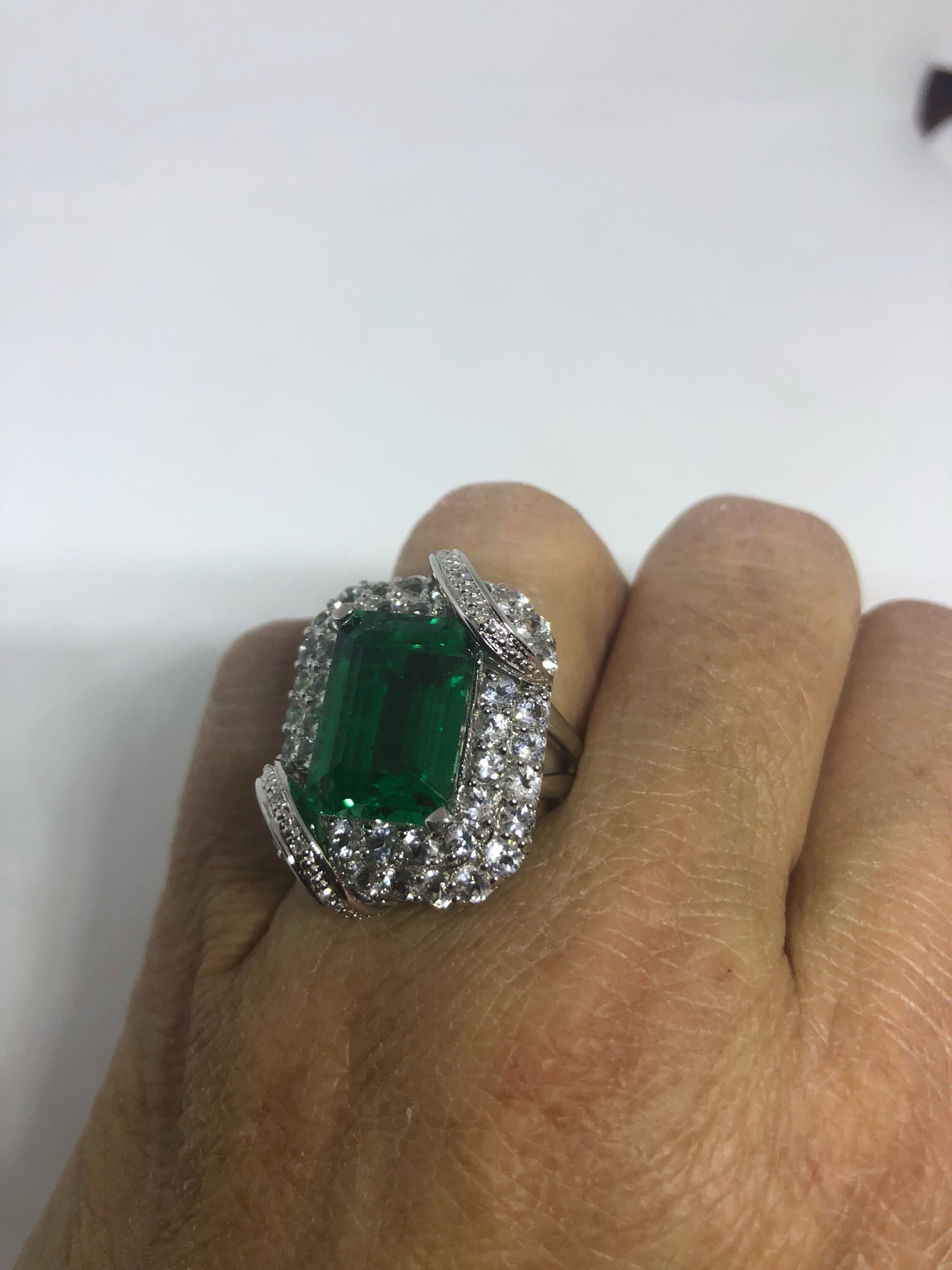 Vintage Handmade Genuine Green Flourite and White Sapphire 925 Sterling Silver Deco Ring