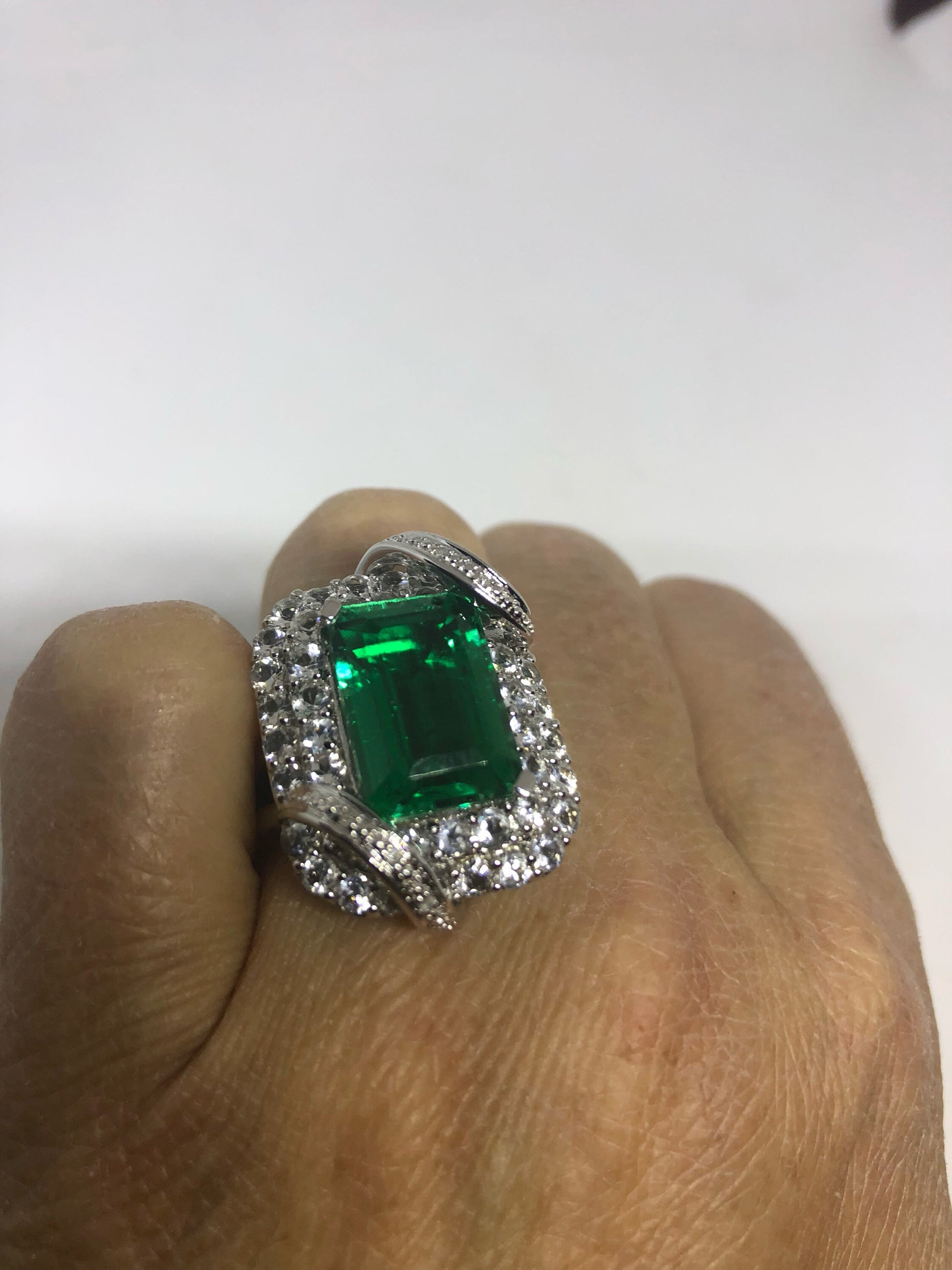 Vintage Handmade Genuine Green Flourite and White Sapphire 925 Sterling Silver Deco Ring