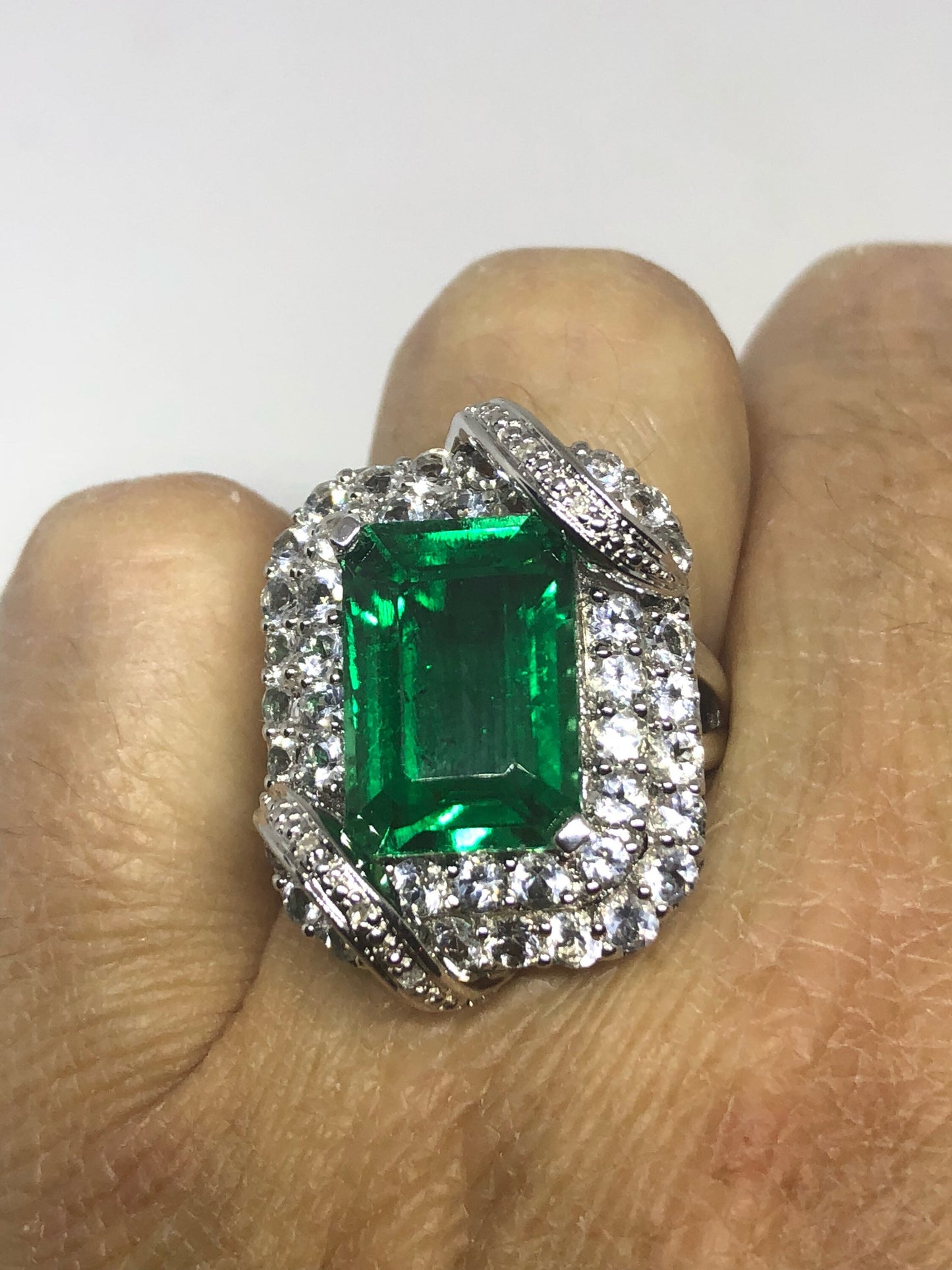 Vintage Handmade Genuine Green Flourite and White Sapphire 925 Sterling Silver Deco Ring