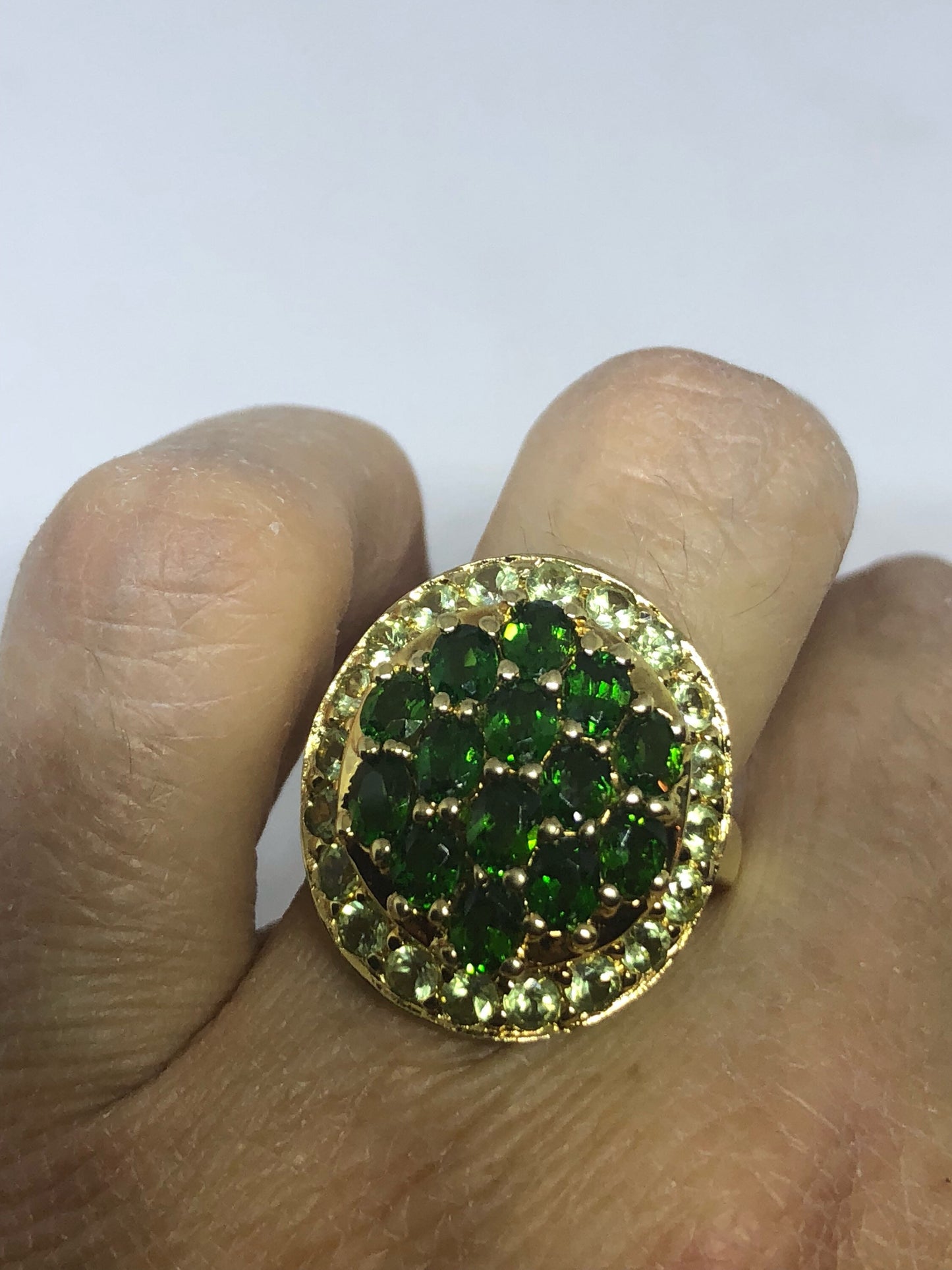 Vintage Handmade Green Chrome Diopside and Peridot Filigree Setting Gold Sterling Silver Gothic Ring