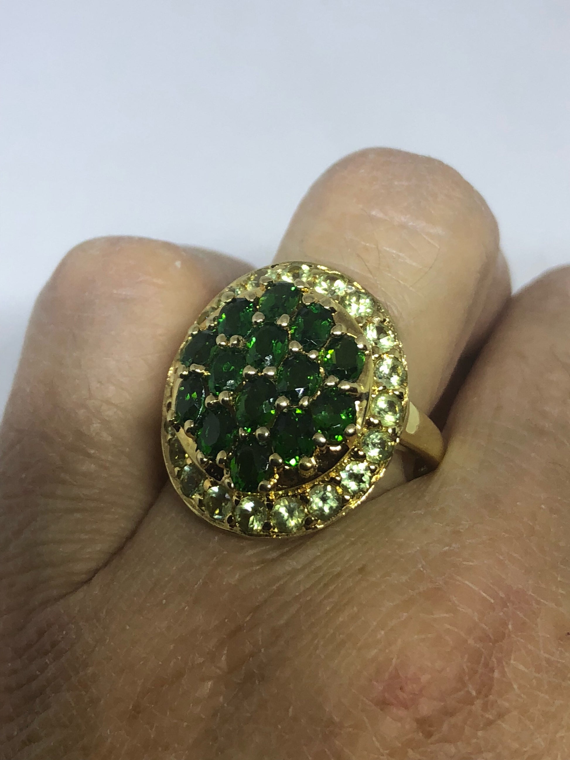 Vintage Handmade Green Chrome Diopside and Peridot Filigree Setting Gold Sterling Silver Gothic Ring