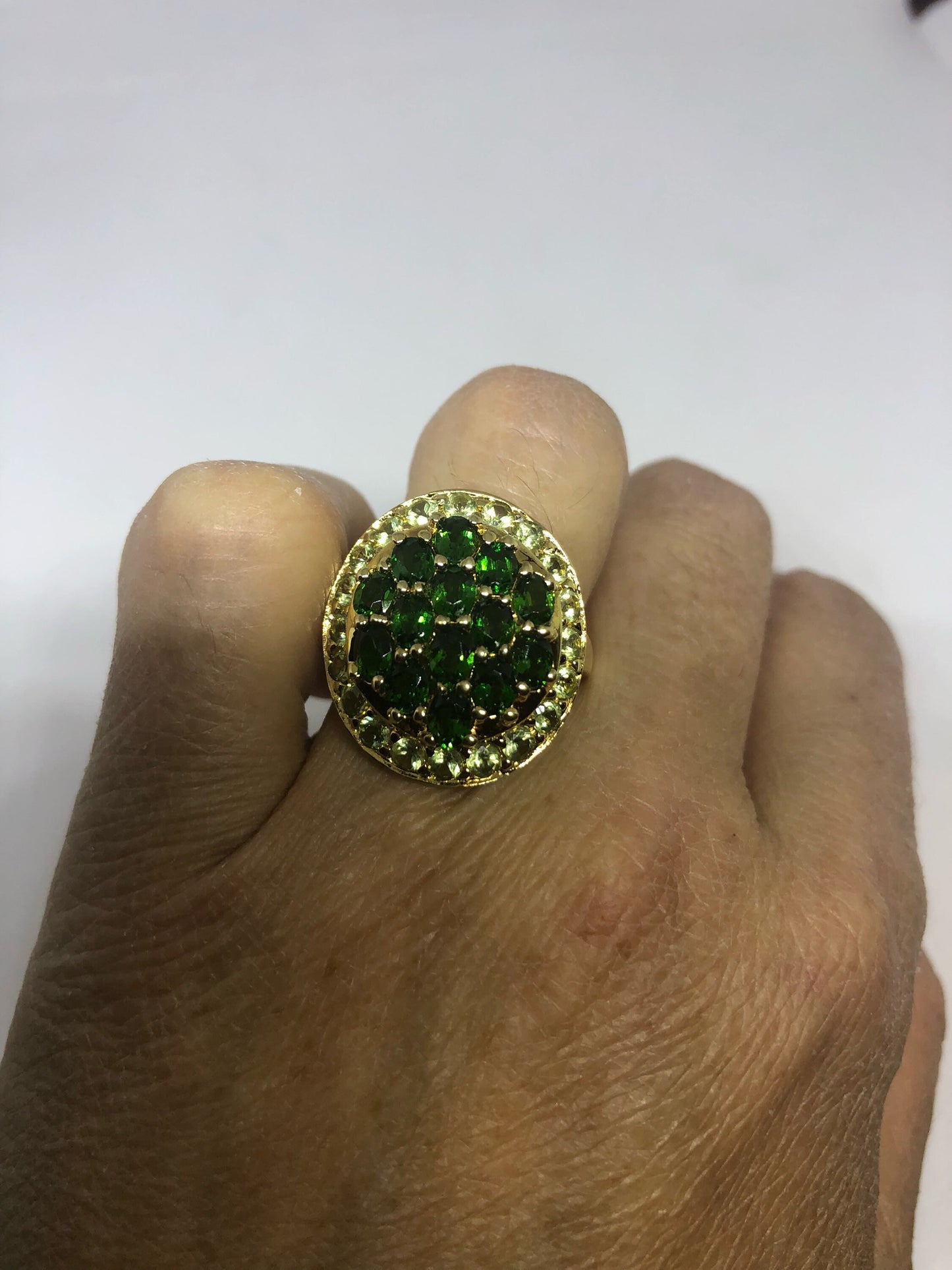 Vintage Handmade Green Chrome Diopside and Peridot Filigree Setting Gold Sterling Silver Gothic Ring