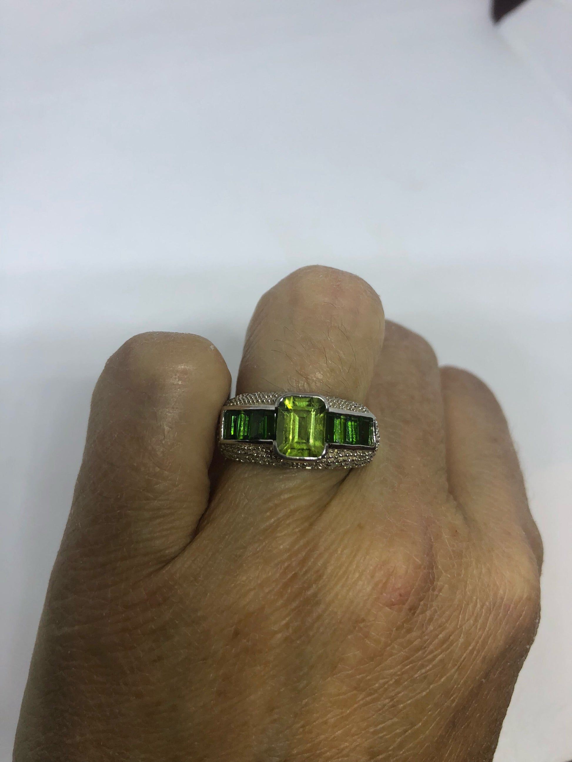 Vintage Handmade green Chrome Diopside and Peridot Filigree setting Sterling Silver Gothic Ring