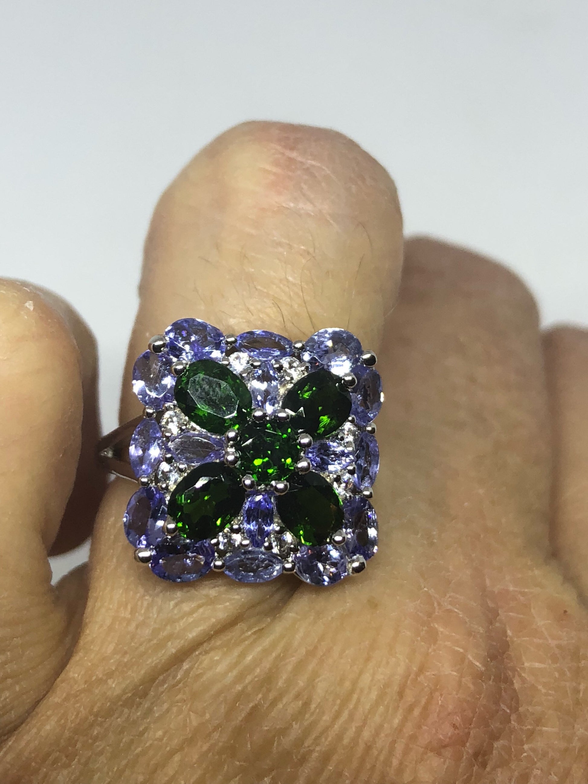 Vintage Handmade Green Chrome Diopside and Tanzanite Filigree Setting Sterling Silver Gothic Ring