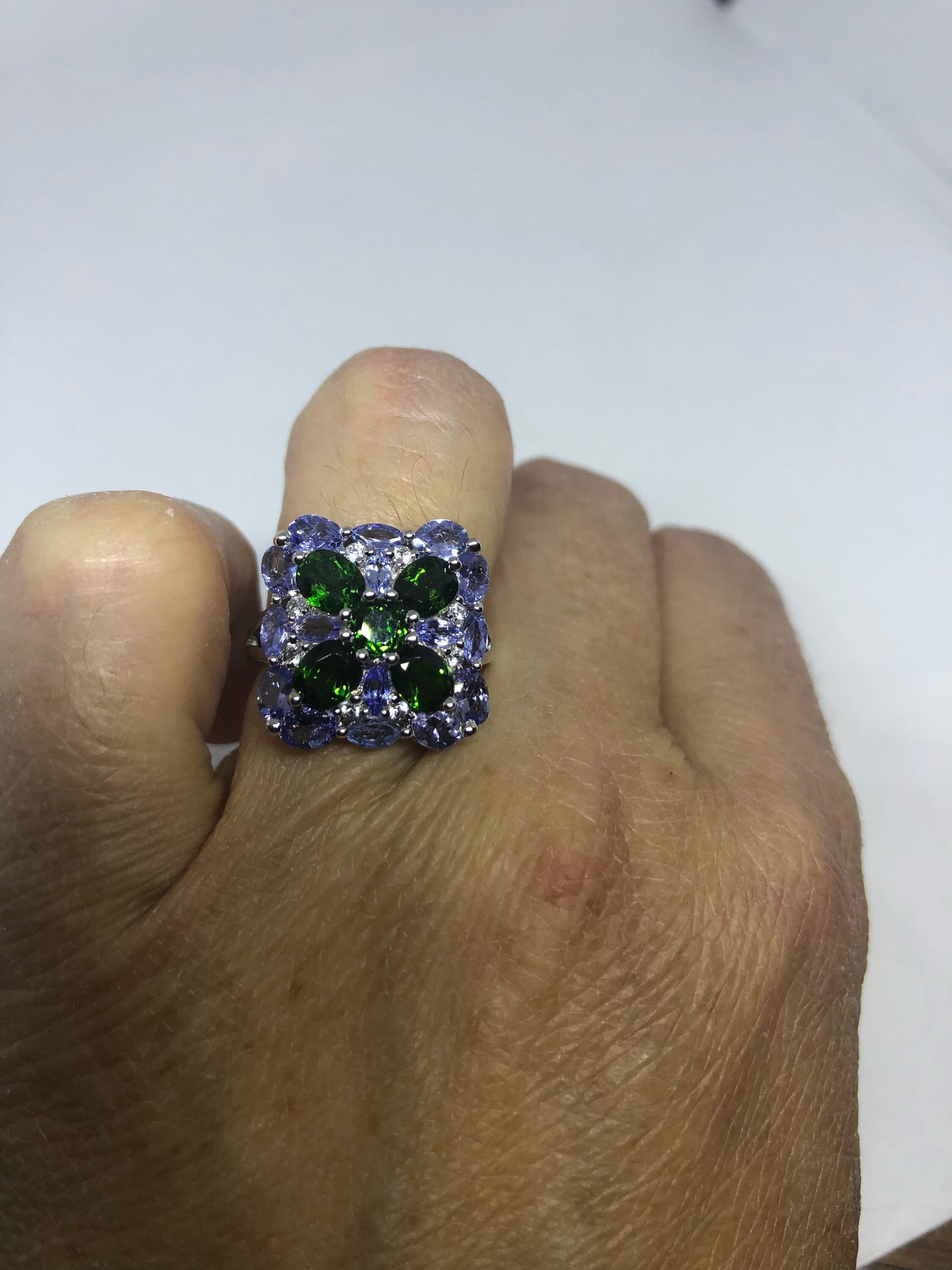 Vintage Handmade Green Chrome Diopside and Tanzanite Filigree Setting Sterling Silver Gothic Ring