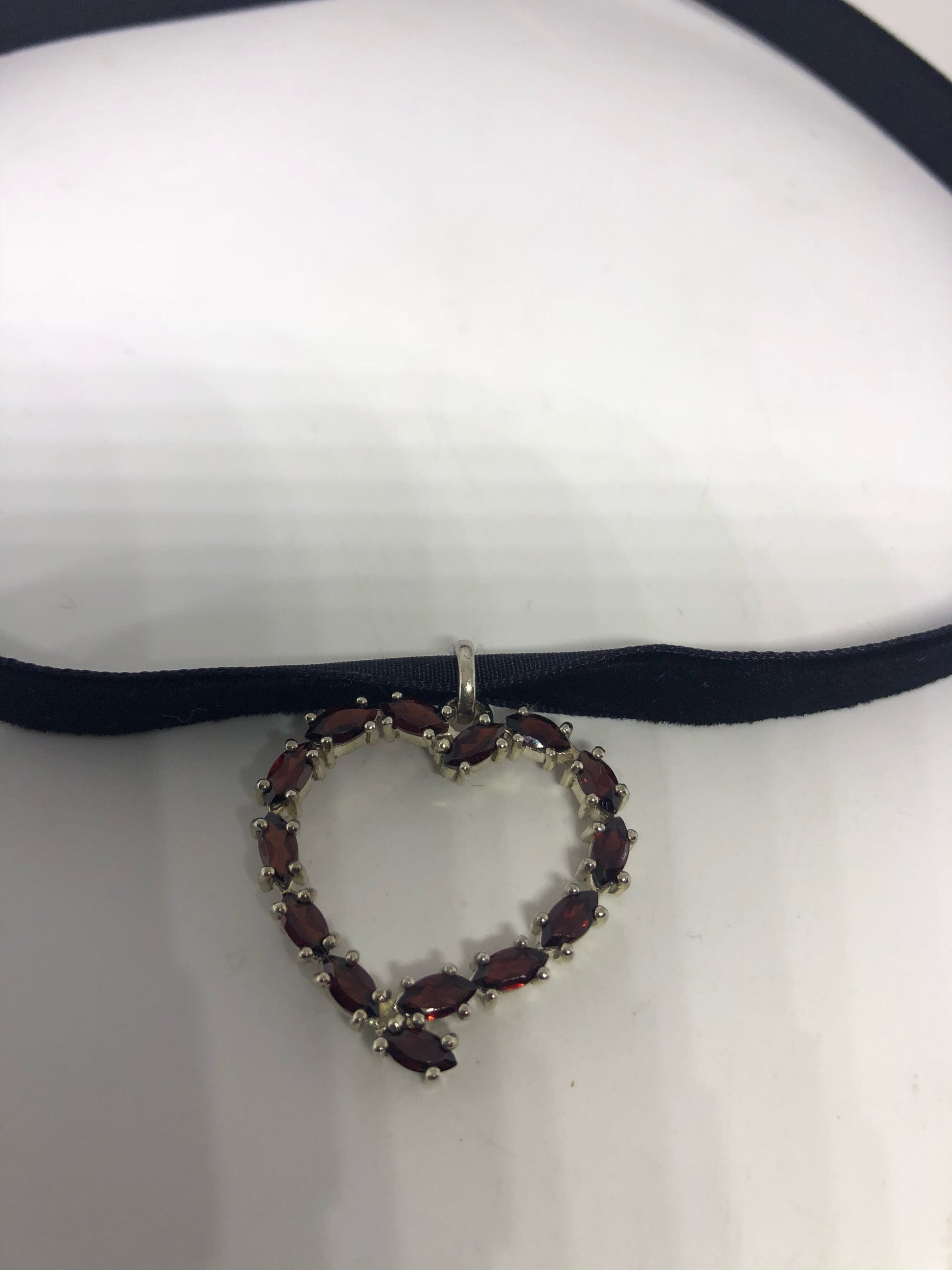 Vintage Handmade 925 Sterling Silver White Genuine Garnet Antique Heart Pendant Necklace