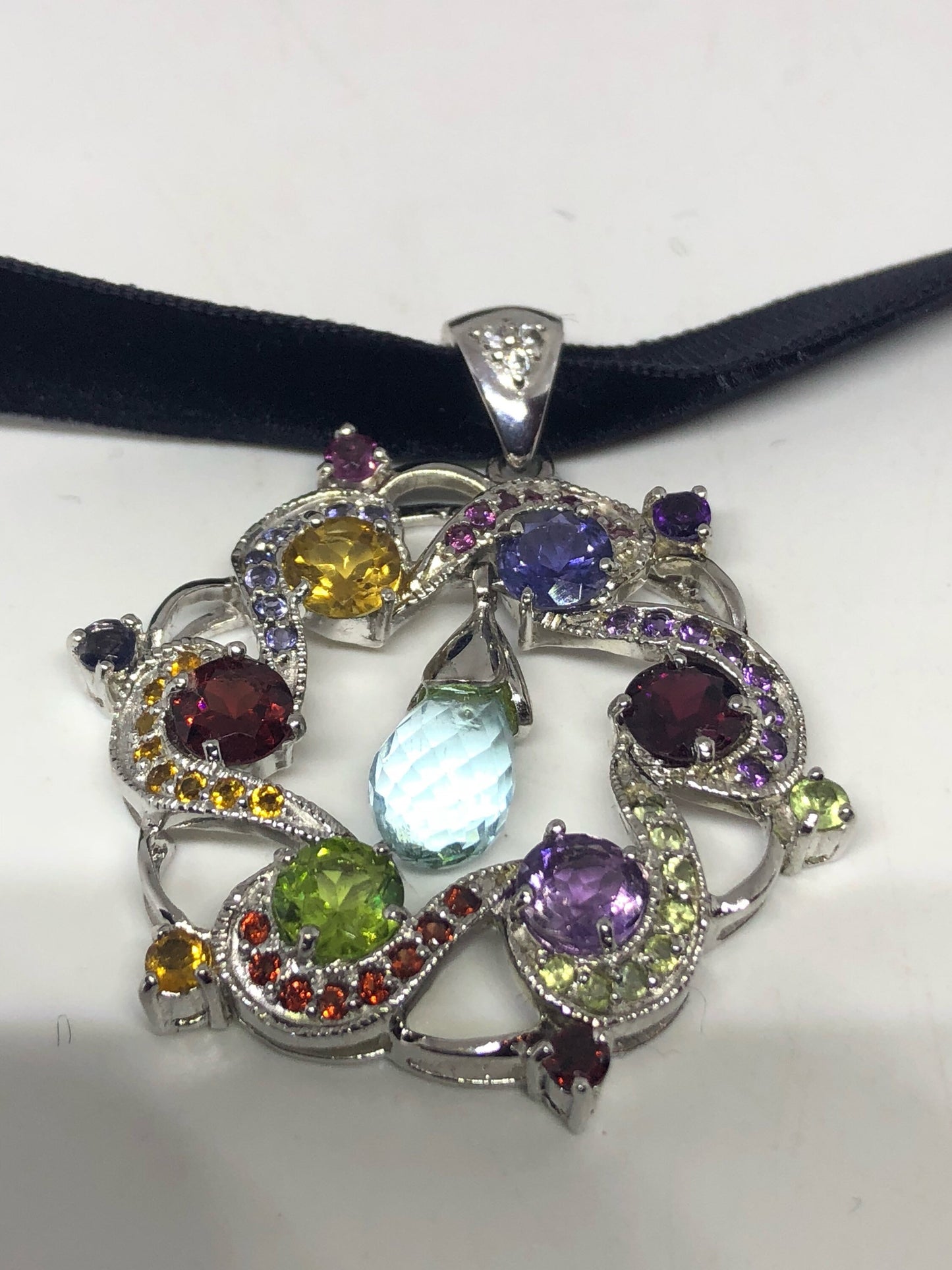 Vintage Handmade 925 Sterling Silver Genuine Mixed Colored Gemstone Antique Pendant Necklace