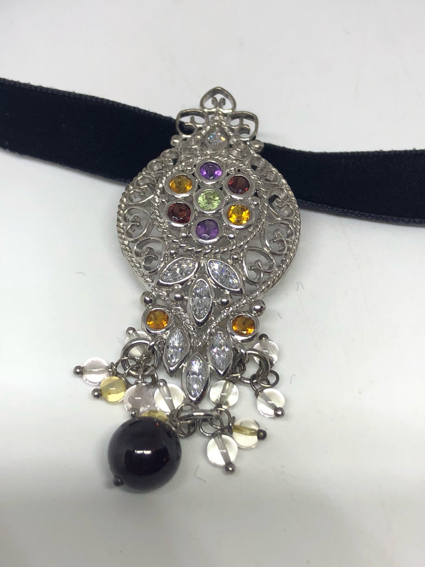 Vintage Handmade 925 Sterling Silver Genuine Mixed Colored Gemstone Antique Pendant Necklace