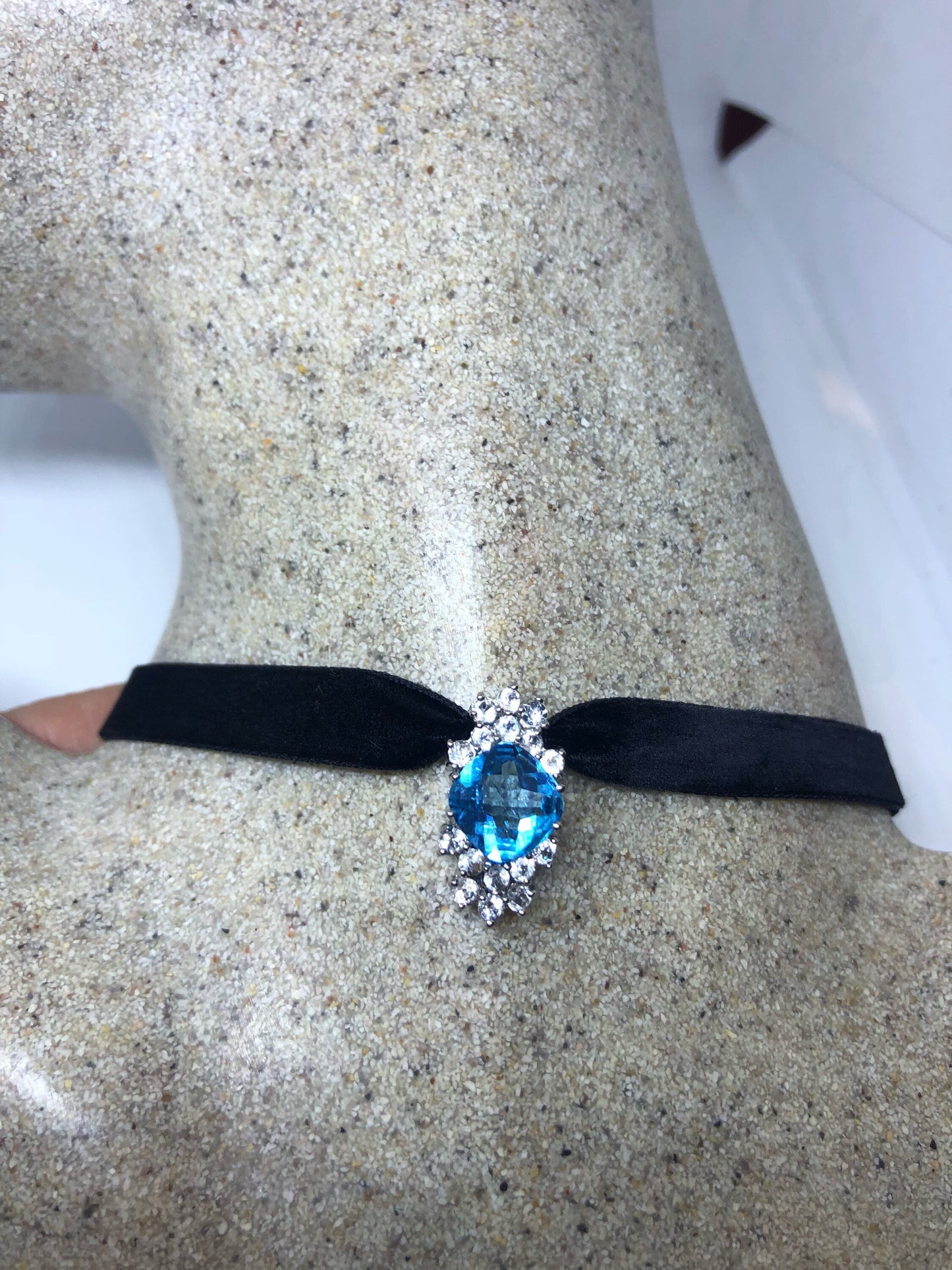 Vintage Blue Topaz Choker 925 Sterling Silver Necklace Pendant