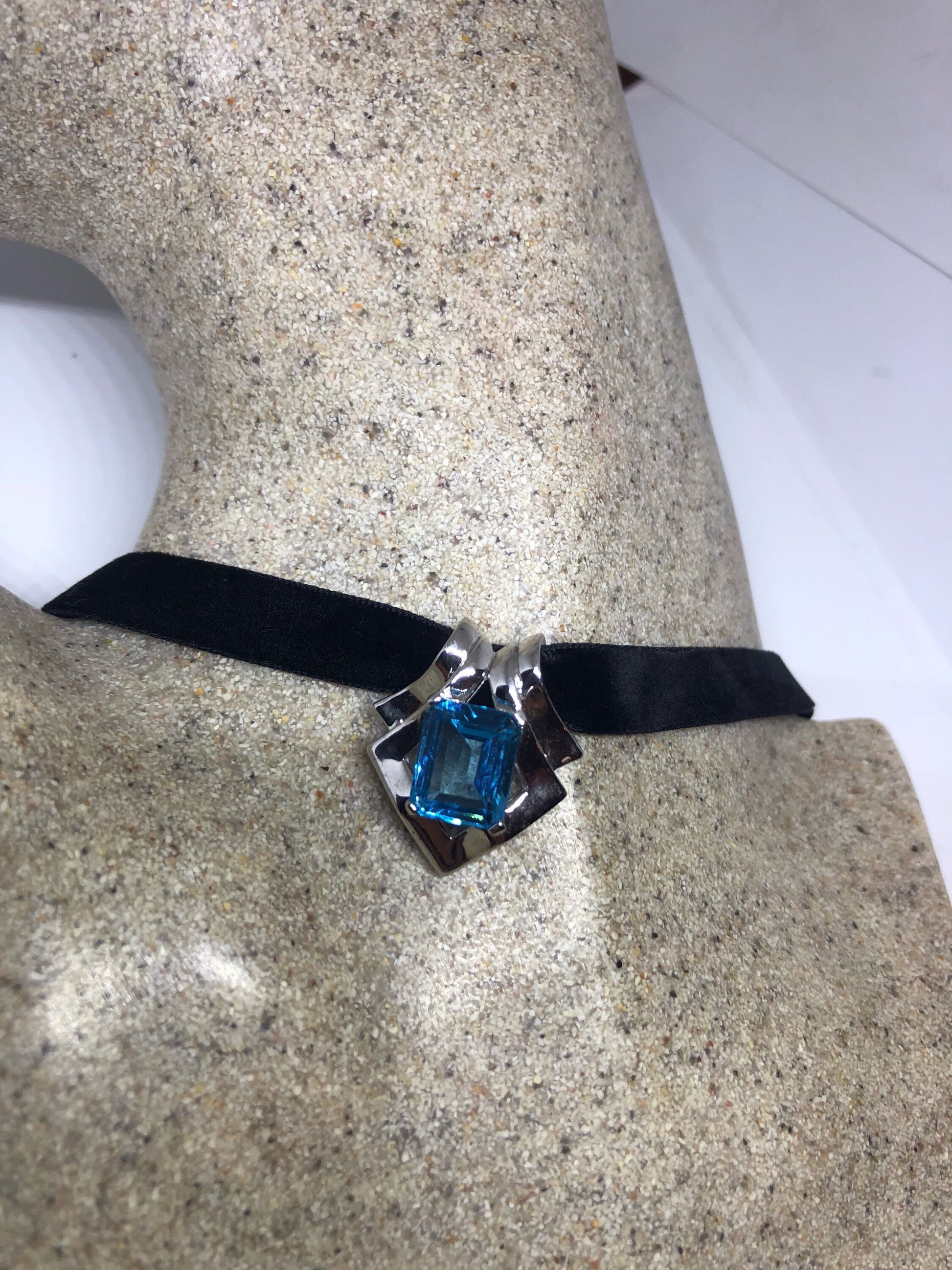 Vintage Blue Topaz Choker 925 Sterling Silver Necklace Pendant