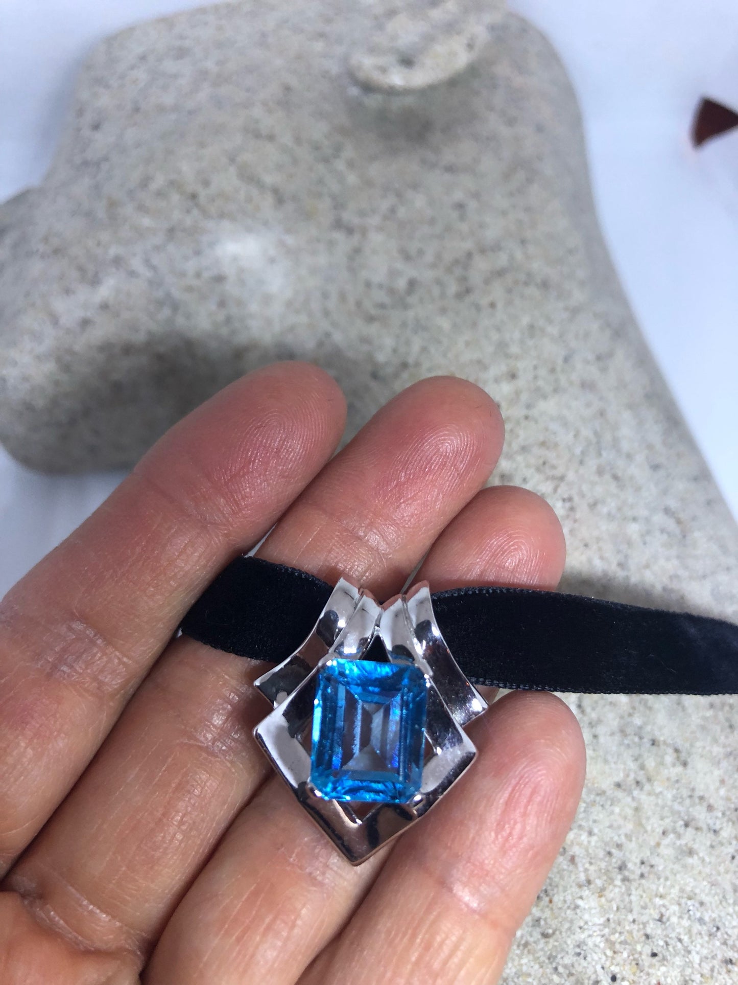 Vintage Blue Topaz Choker 925 Sterling Silver Necklace Pendant