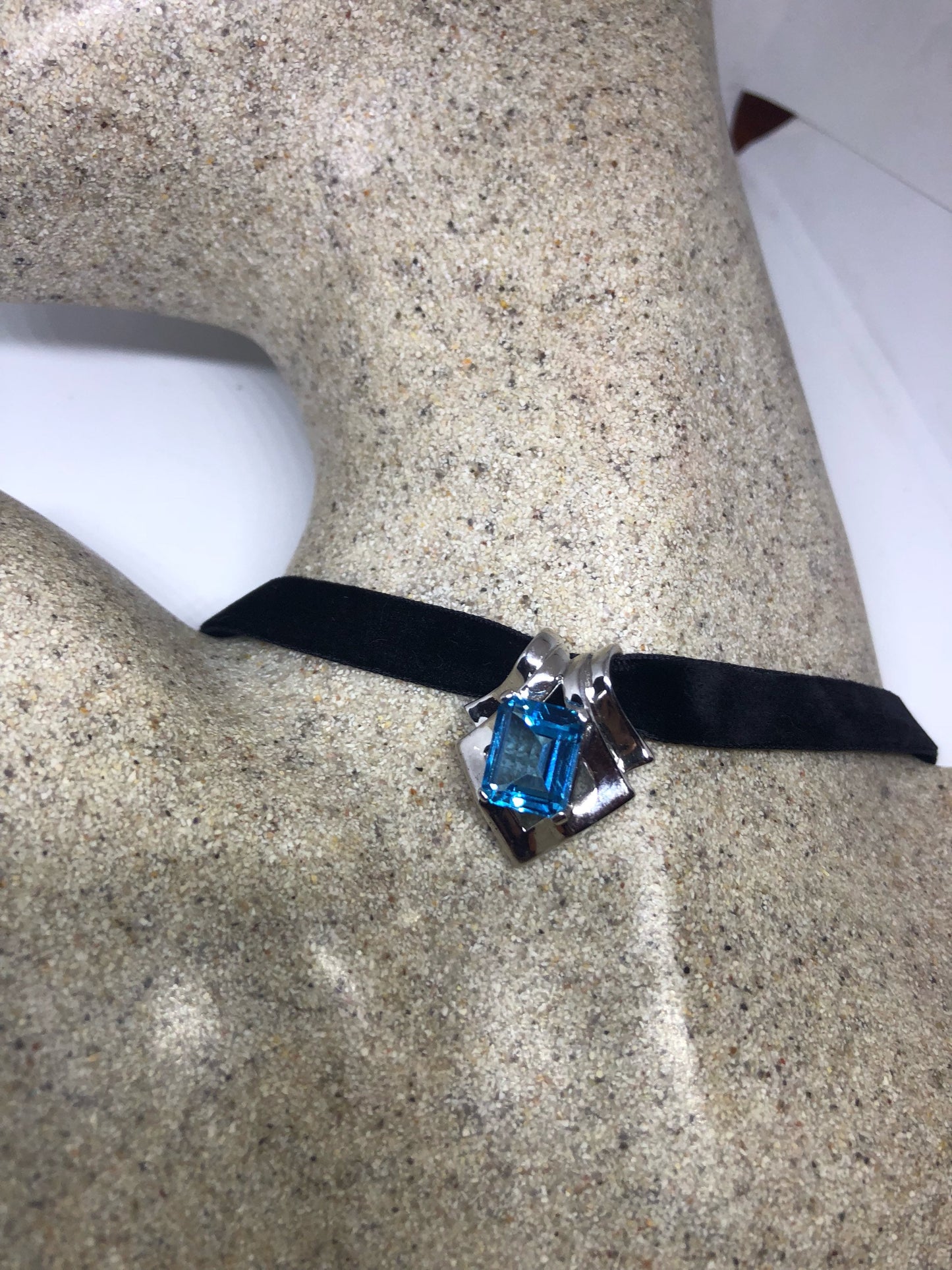 Vintage Blue Topaz Choker 925 Sterling Silver Necklace Pendant