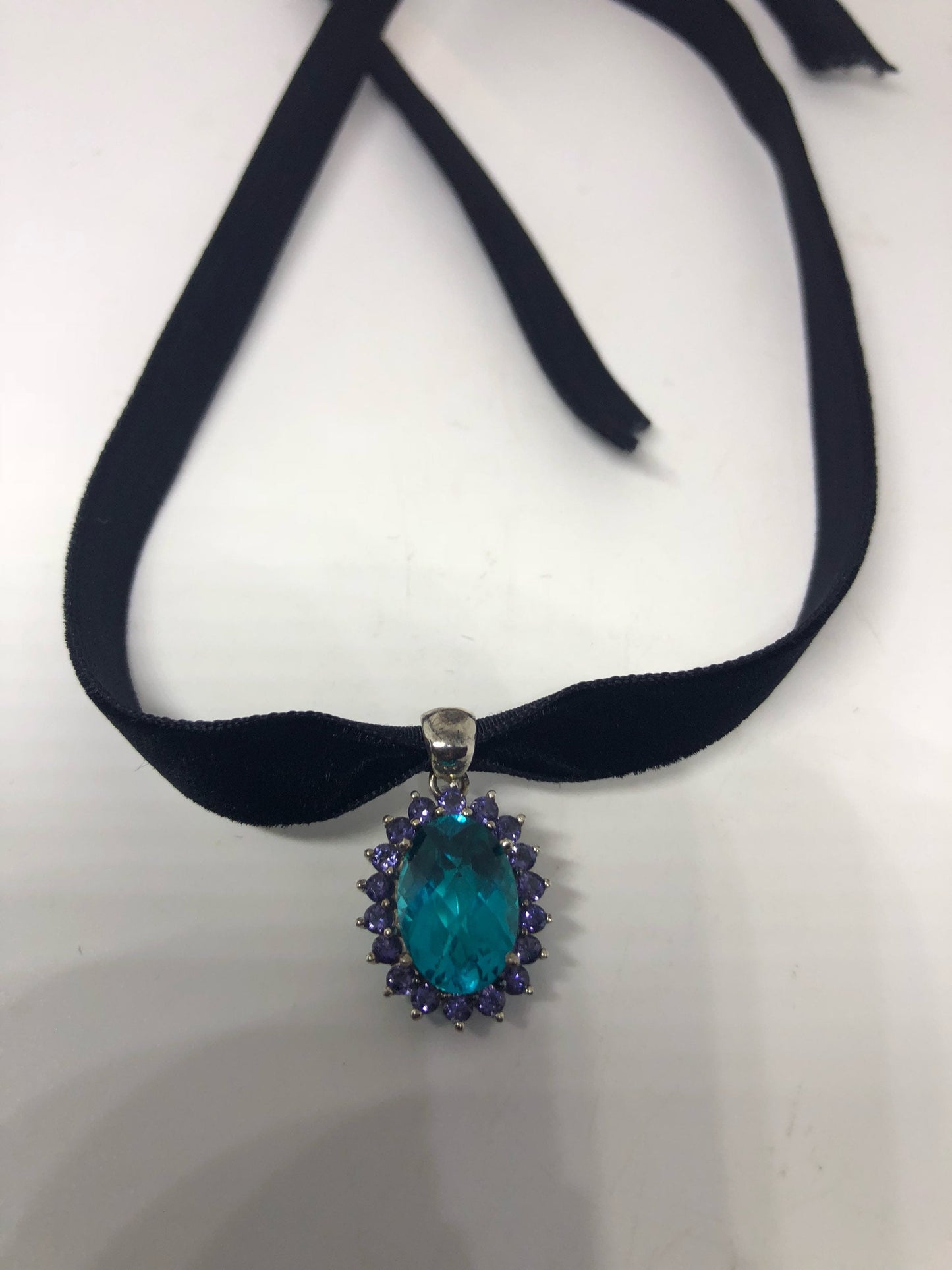 Vintage Genuine Deep Blue Topaz with Iolite 925 Sterling Silver Necklace Pendant