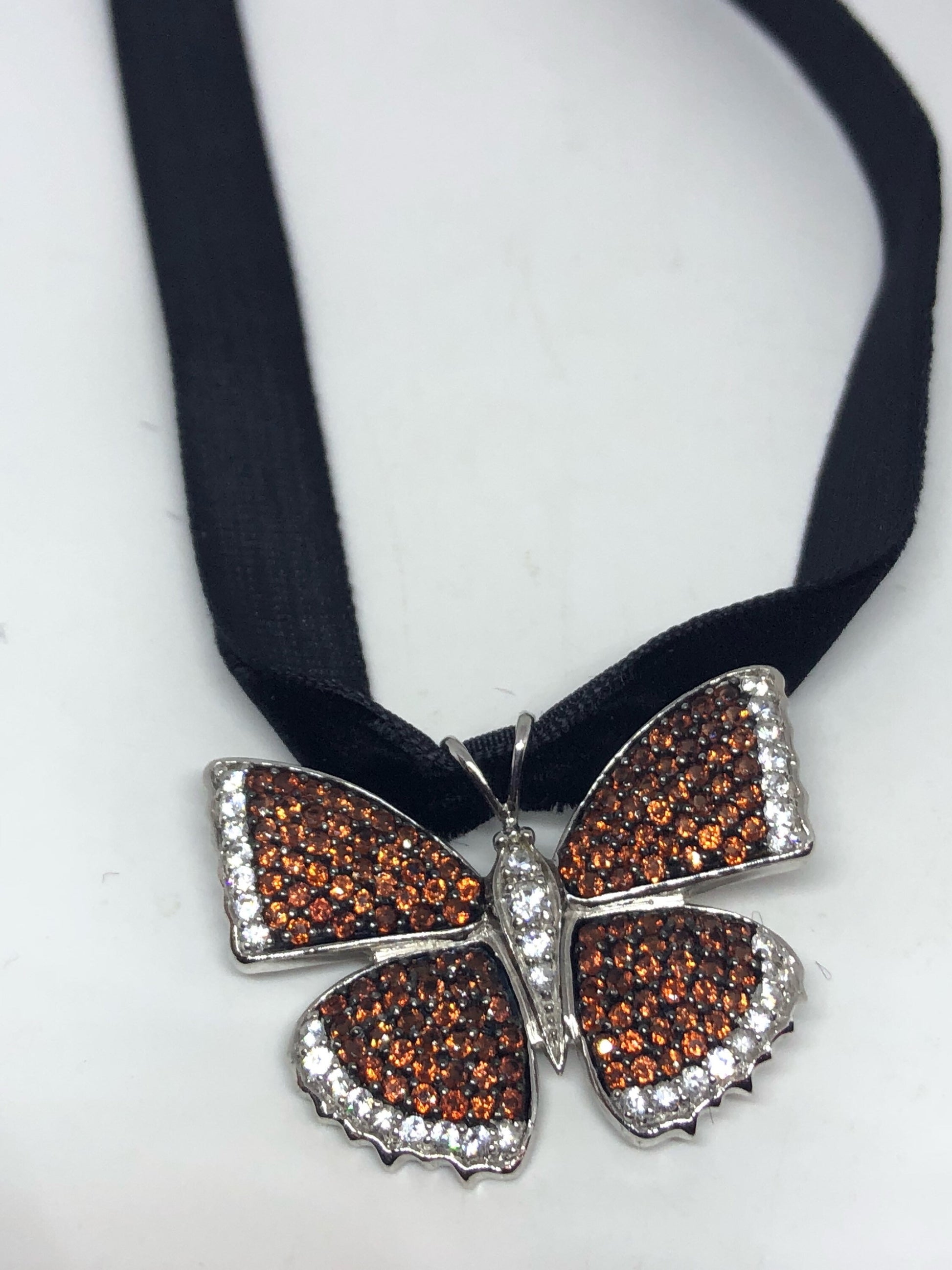 Handmade 925 Sterling Silver Vintage Genuine Orange Garnet Butterfly Choker