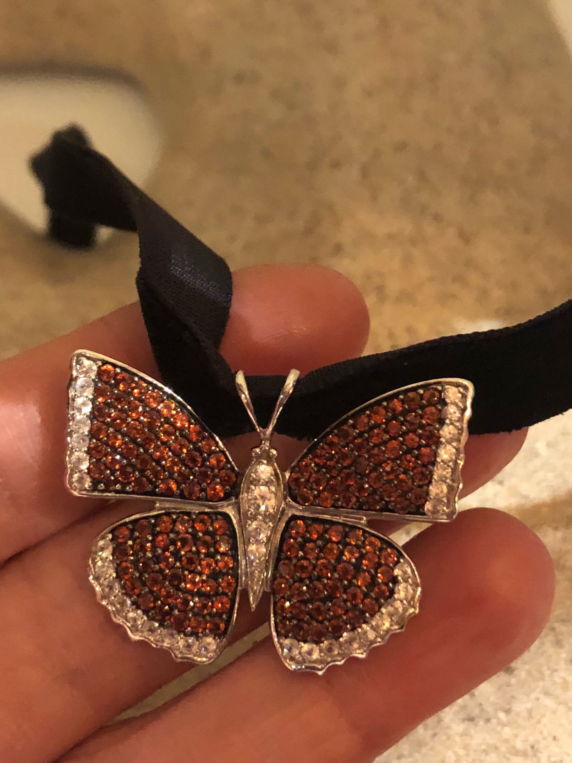 Handmade 925 Sterling Silver Vintage Genuine Orange Garnet Butterfly Choker