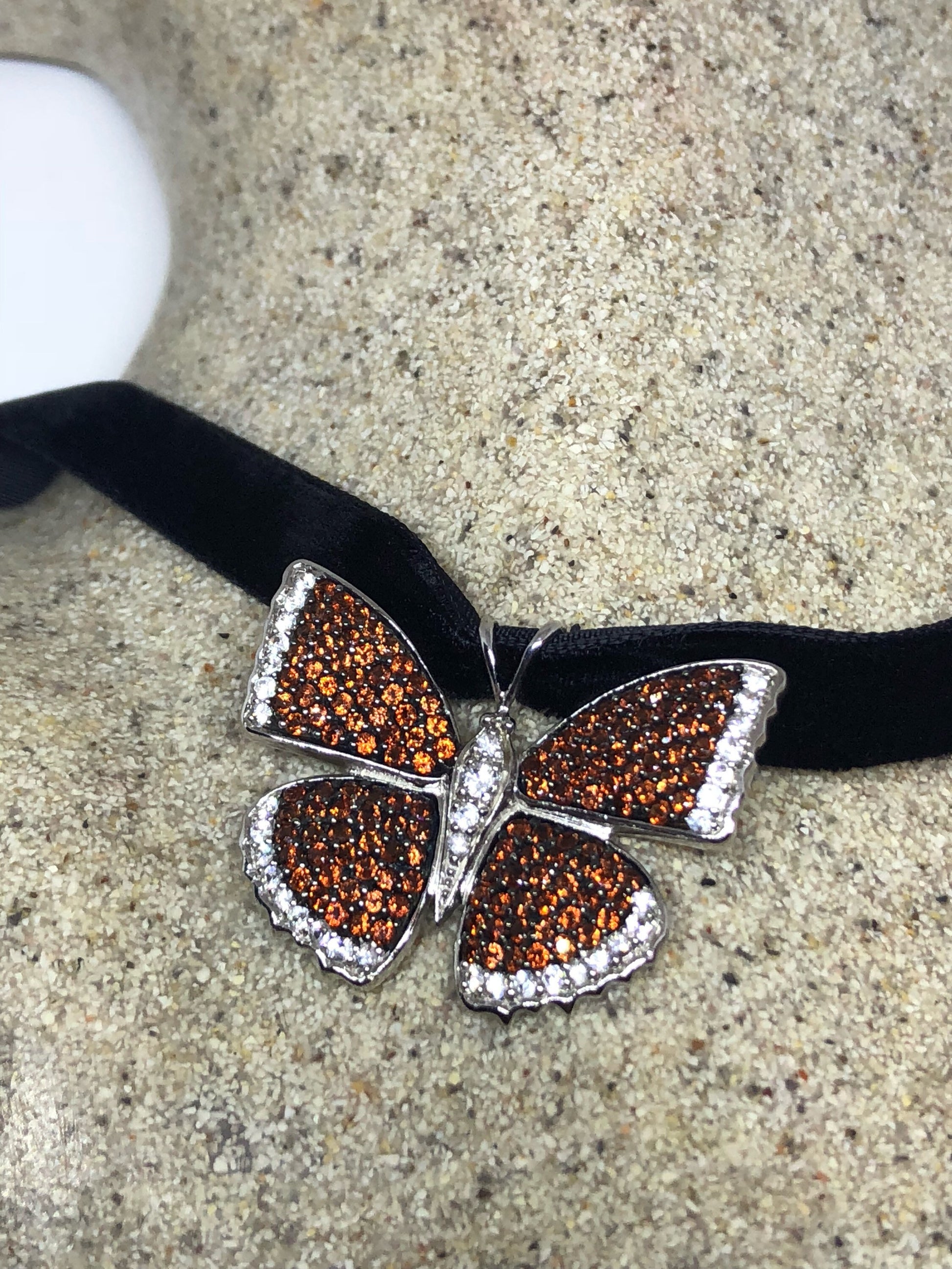 Handmade 925 Sterling Silver Vintage Genuine Orange Garnet Butterfly Choker