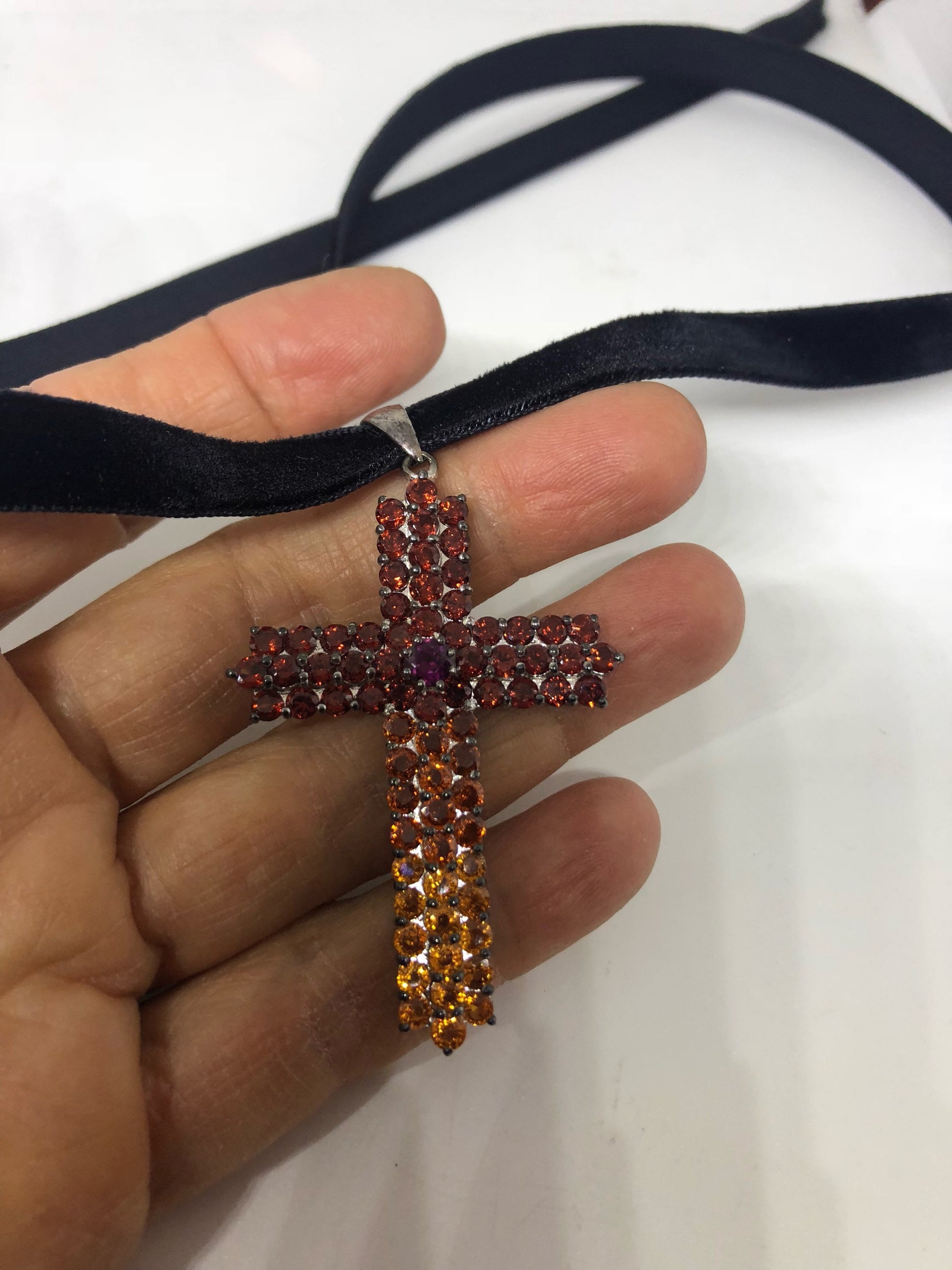 Vintage Handmade 925 Sterling Silver White Gold Finish Genuine Garnet Citrine Cross Antique Pendant Necklace