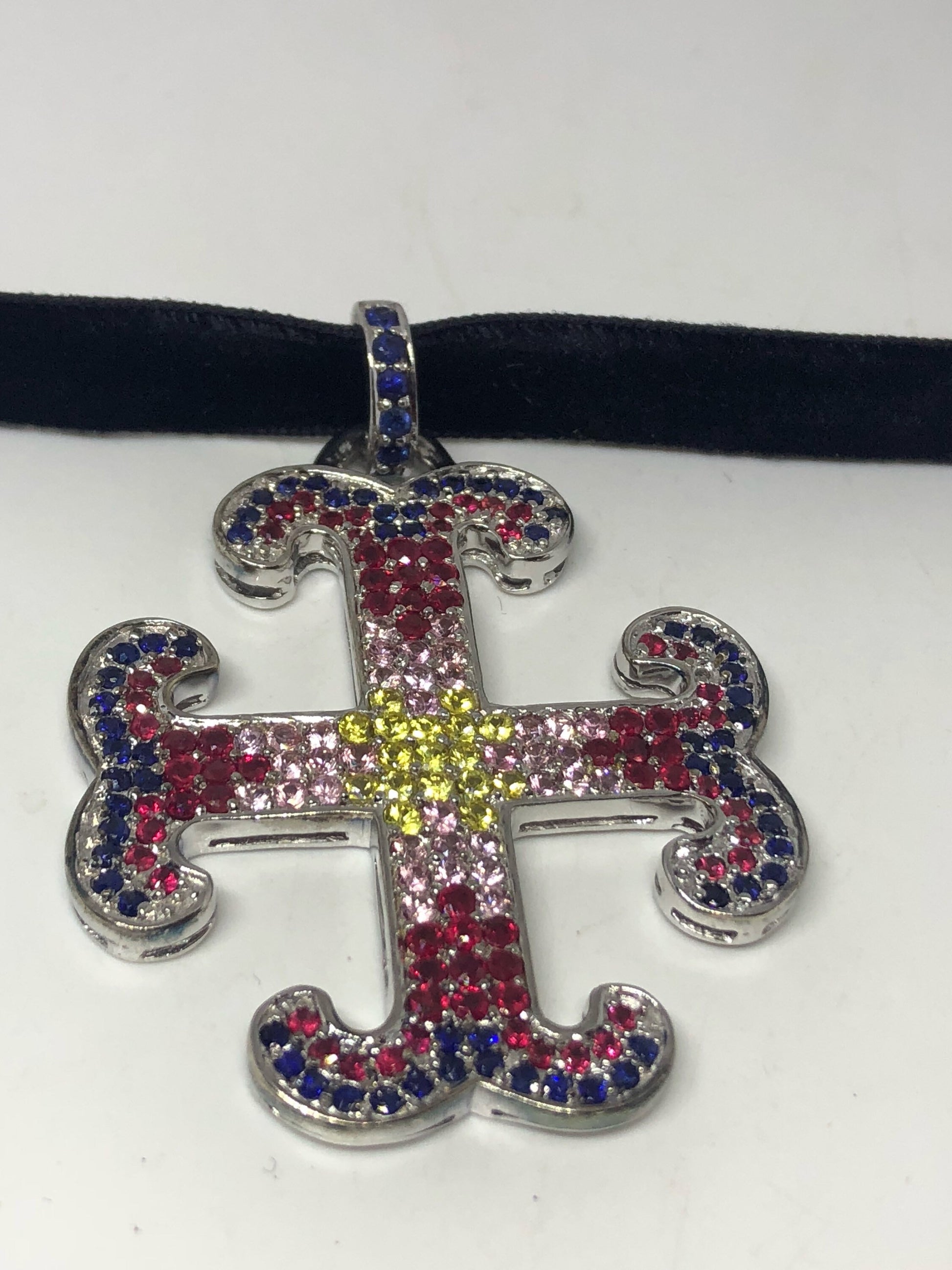 Vintage Handmade 925 Sterling Silver White Gold Finish Genuine Garnet Citrine Cross Antique Pendant Necklace