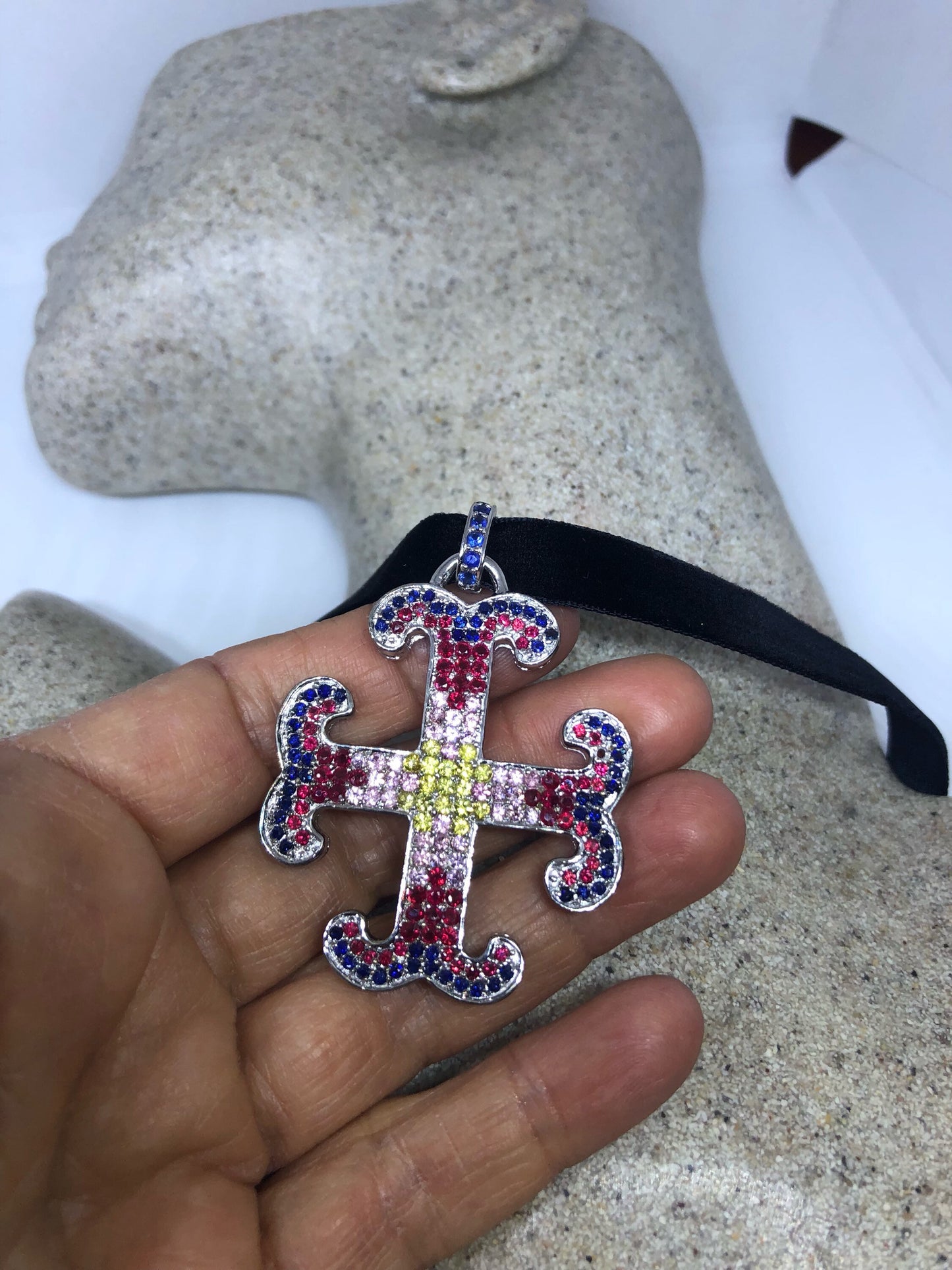 Vintage Handmade 925 Sterling Silver White Gold Finish Genuine Garnet Citrine Cross Antique Pendant Necklace